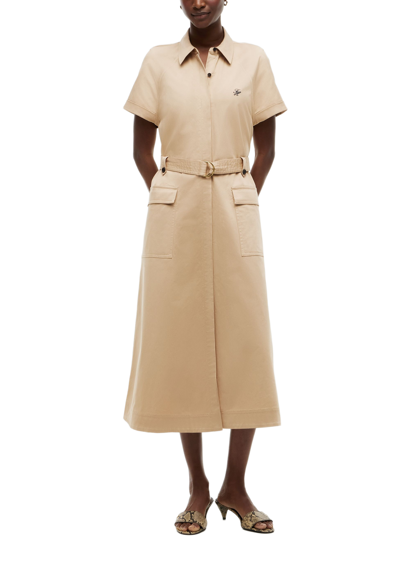 Belted cotton blend shirt dress TOMMY HILFIGER Beige