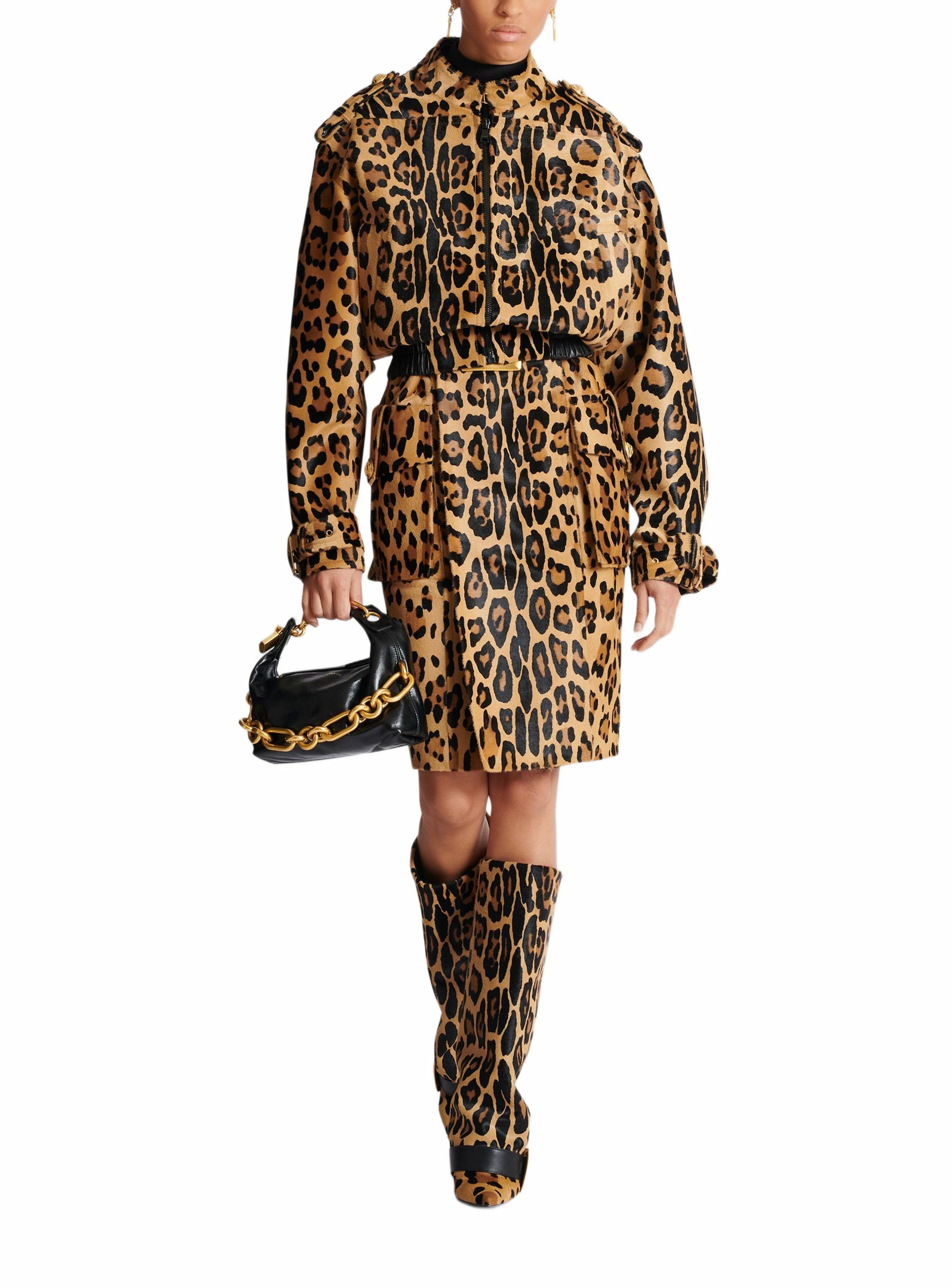 Jupe midi en cuir façon pony imprimé motif léopard BALMAIN Multicolore