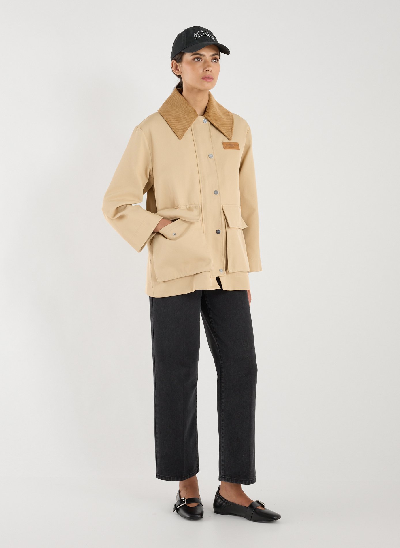 Mid-length jacket with contrasting collar GANNI Khaki