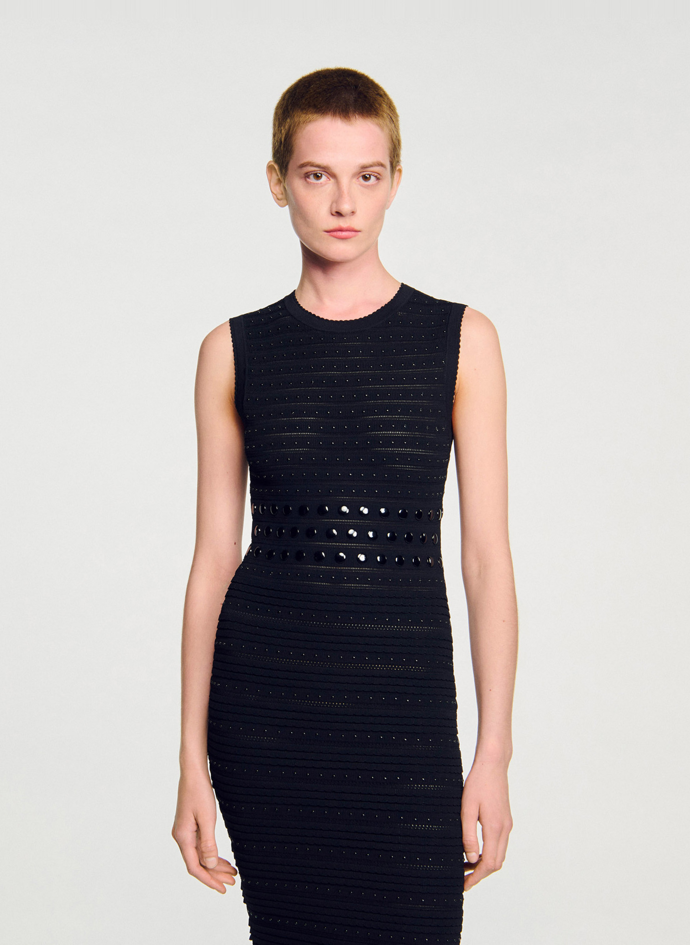Robe midi moulante en maille col rond SANDRO Noir