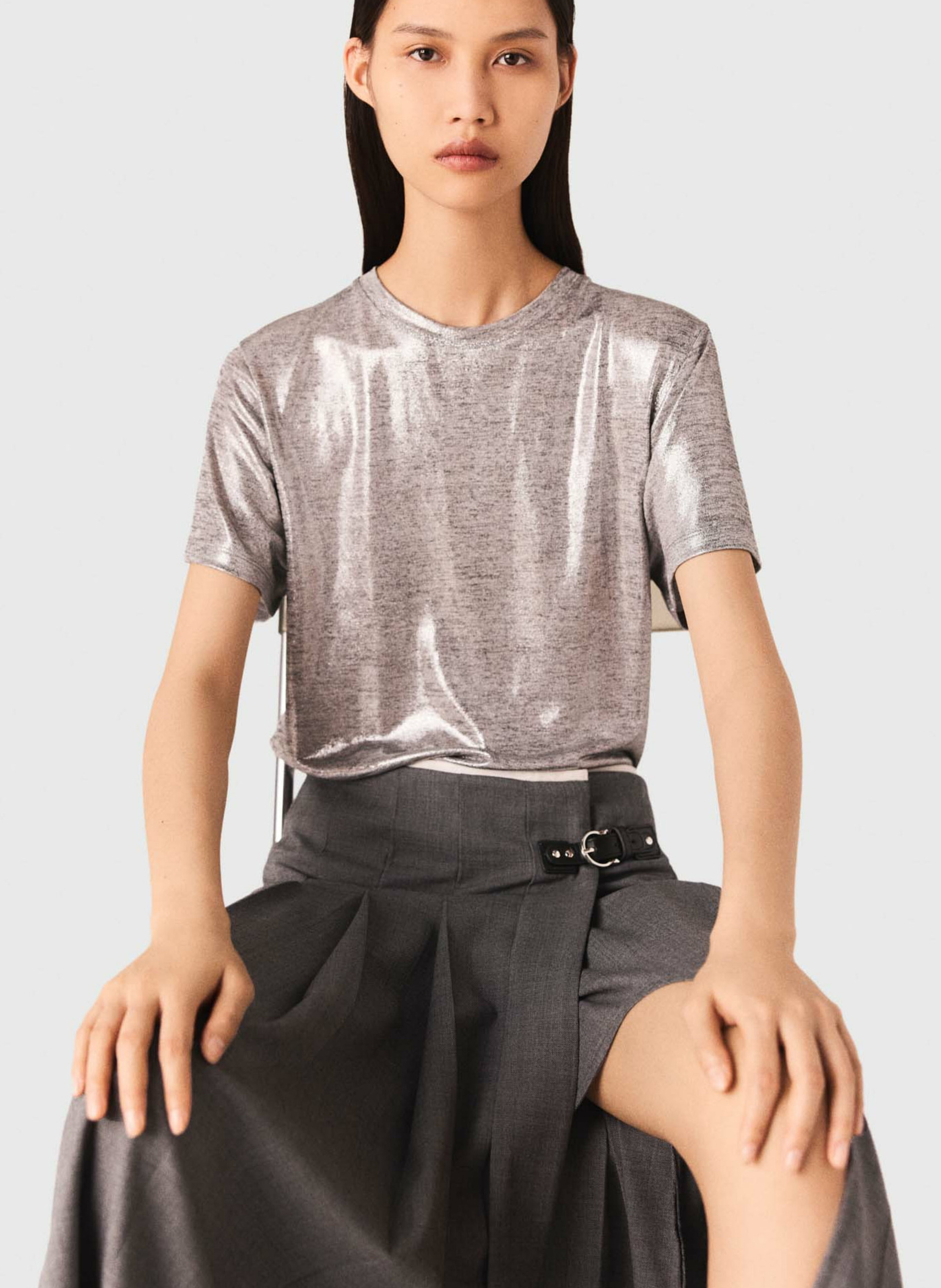 Tee-shirt droit col rond lamé MAJE Argent