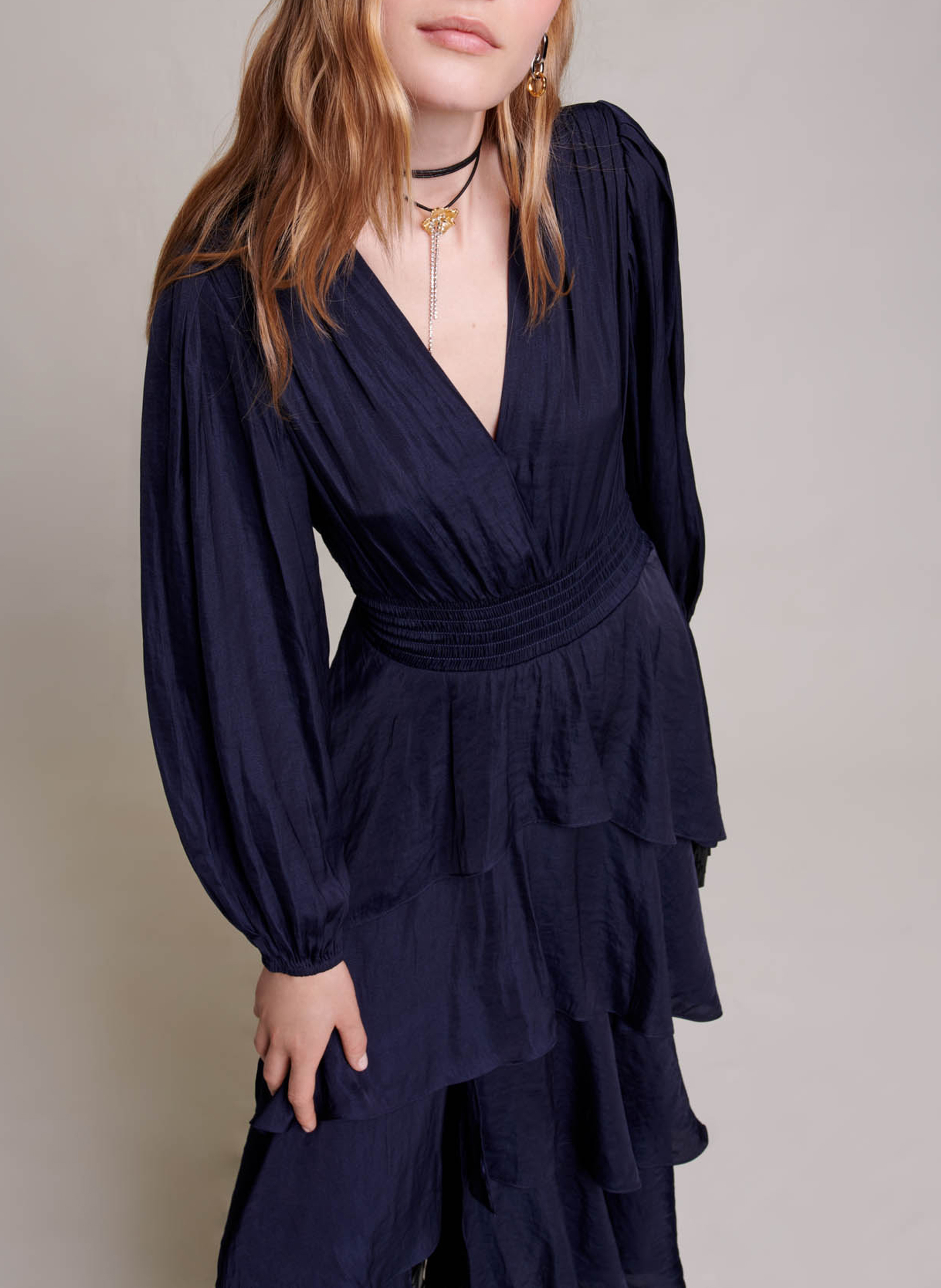 Robe longue col v à volants MAJE Bleu