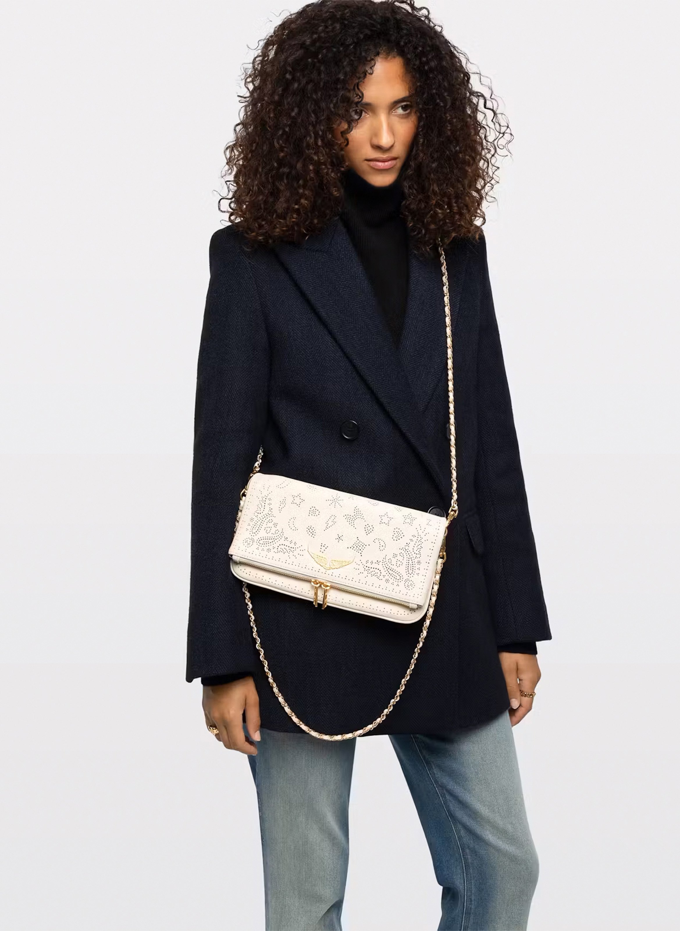 Sac bandoulière à strass en cuir rock ZADIG&VOLTAIRE Blanc