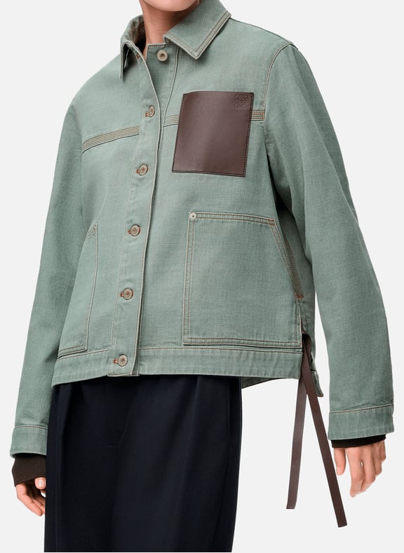 Straight utility jacket in cotton and leather Green by LOEWE LOEWE Straight utility jacket in cotton and leather Green