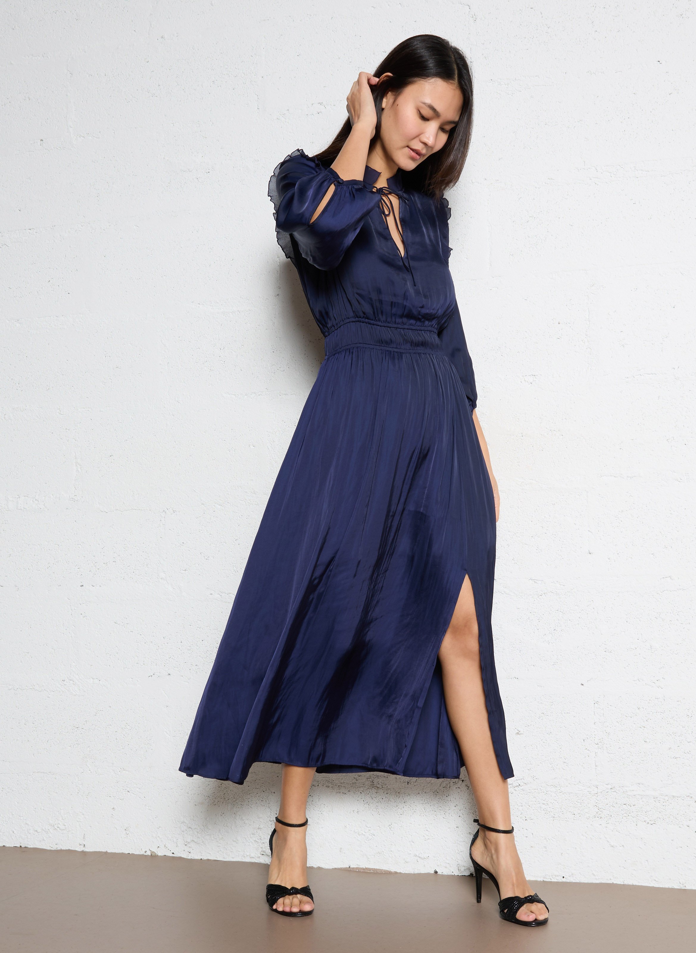 Robe midi col v satinée IKKS Bleu