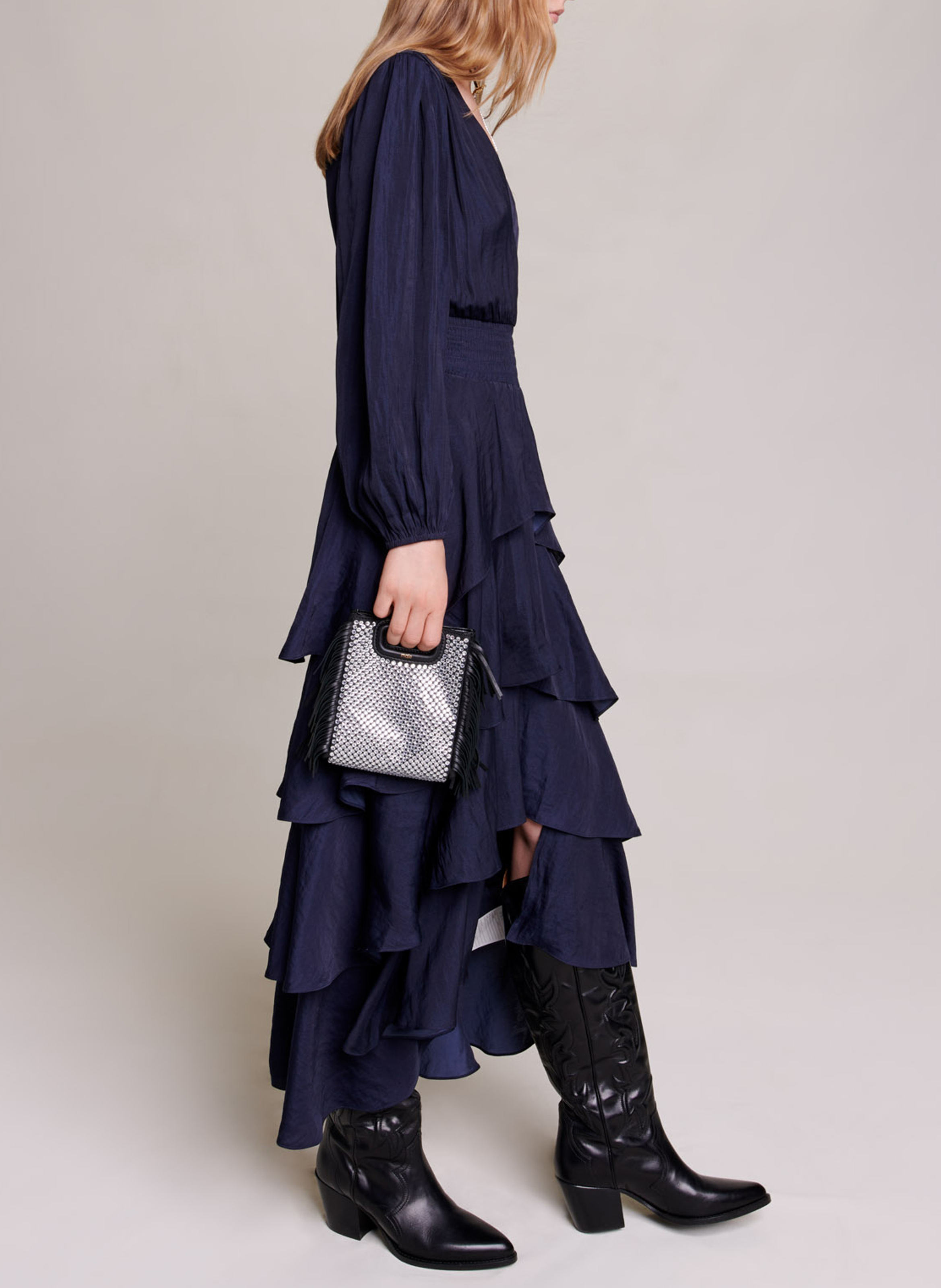 Robe longue col v à volants MAJE Bleu