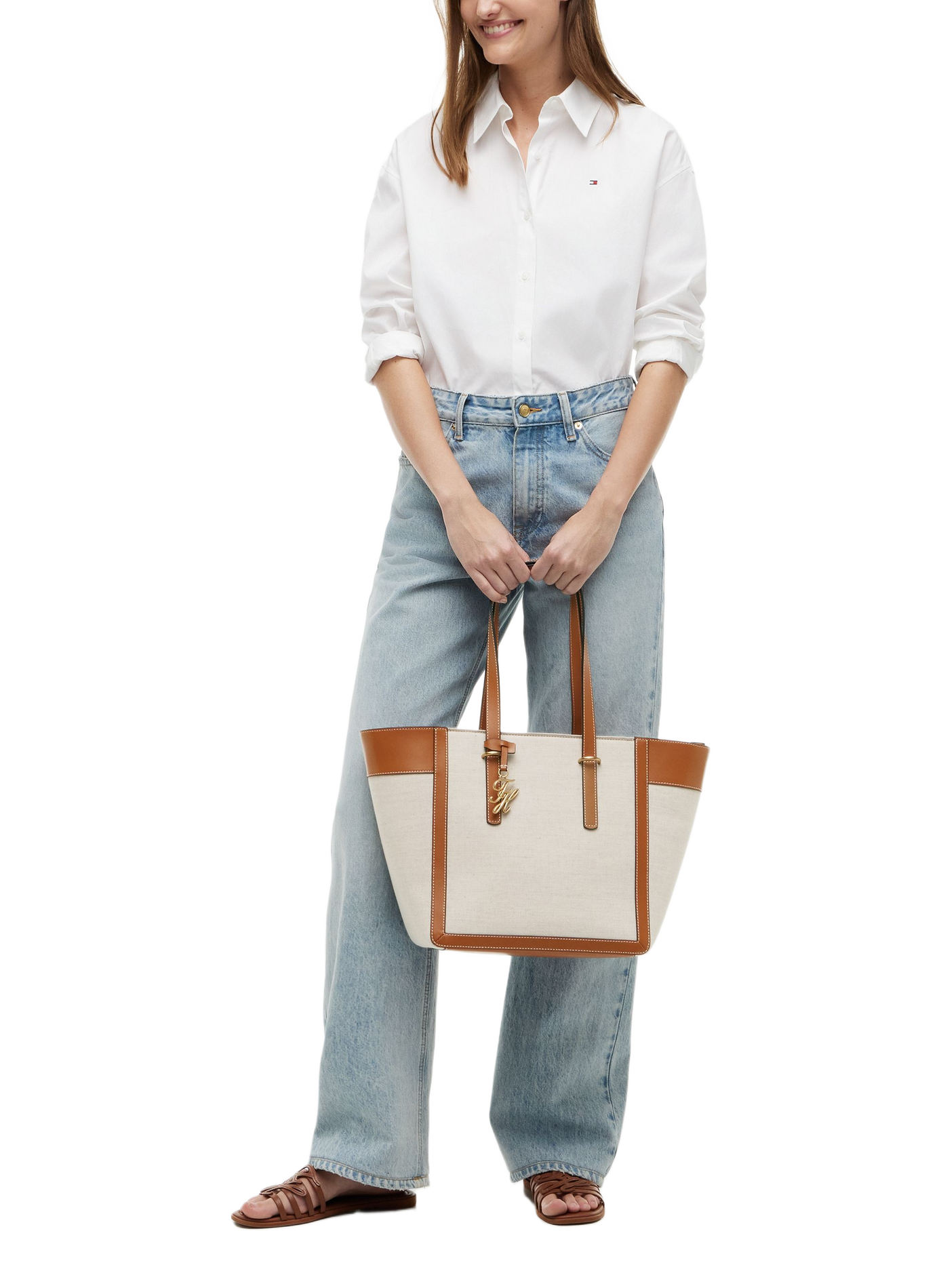 Sac à main à breloque marque en cuir et coton TOMMY HILFIGER Marron