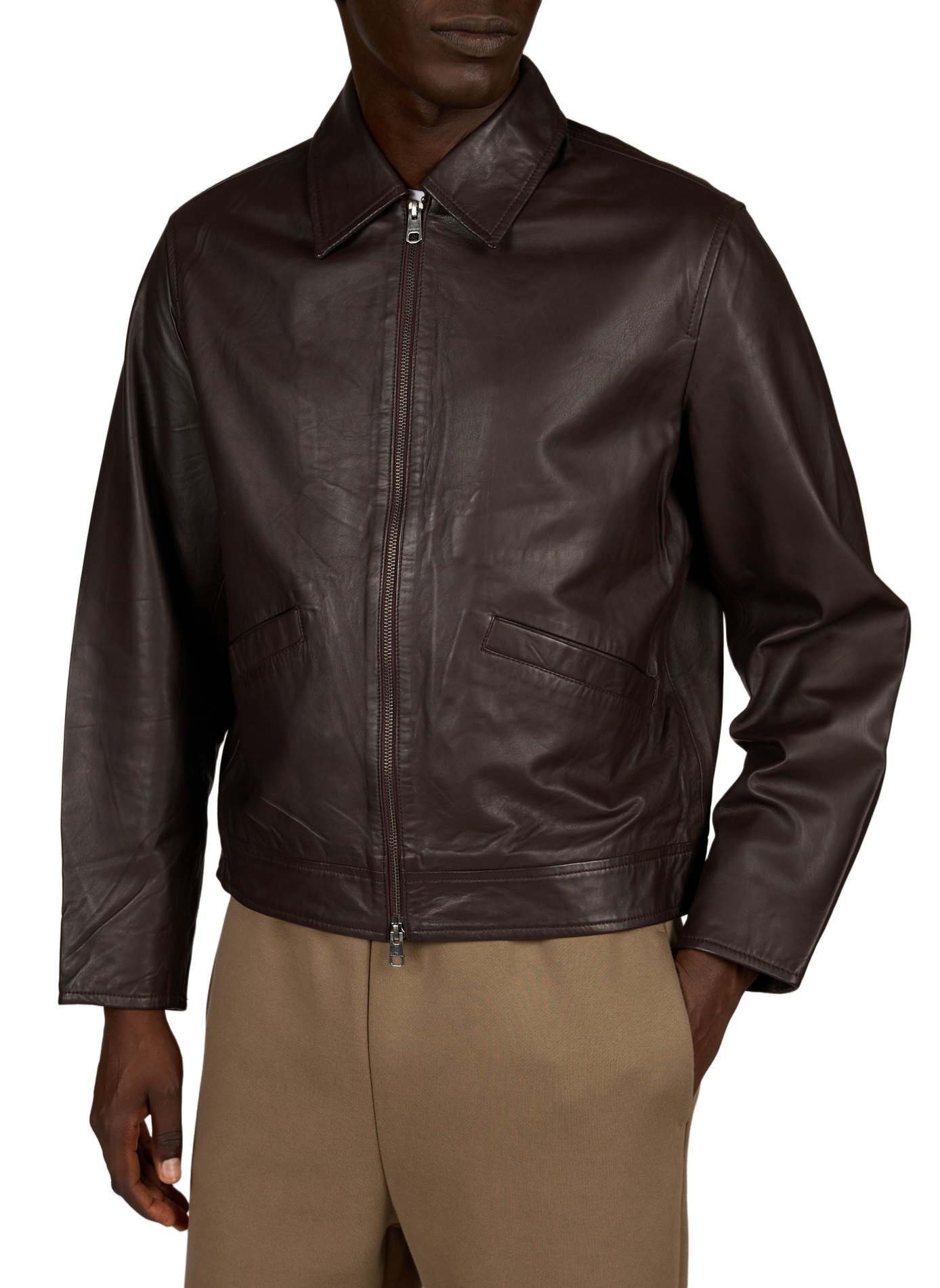 Straight zip-up leather jacket SELECTED Brown