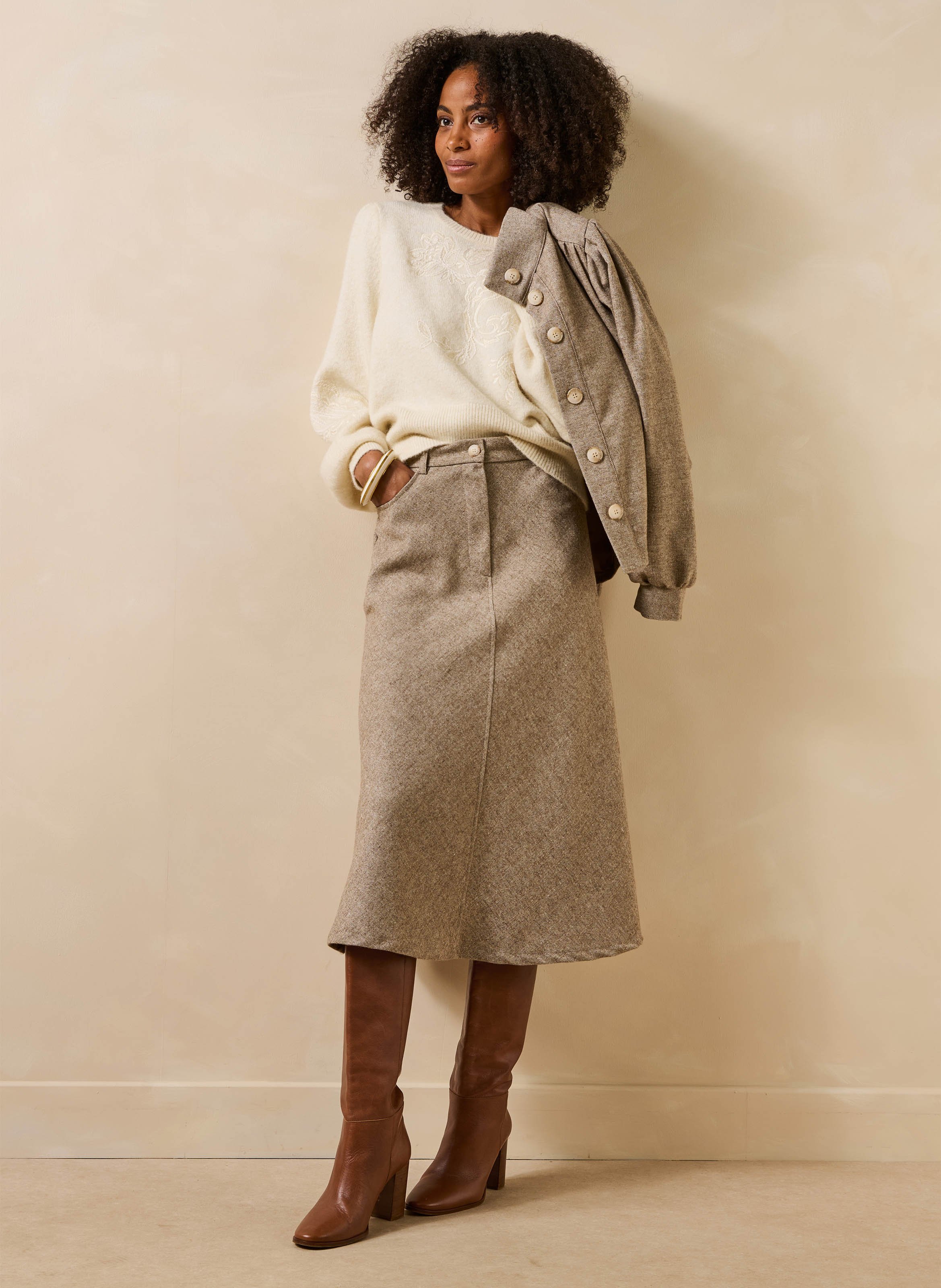 Midi-rok in A-lijn van tweed LA FEE MARABOUTEE Beige
