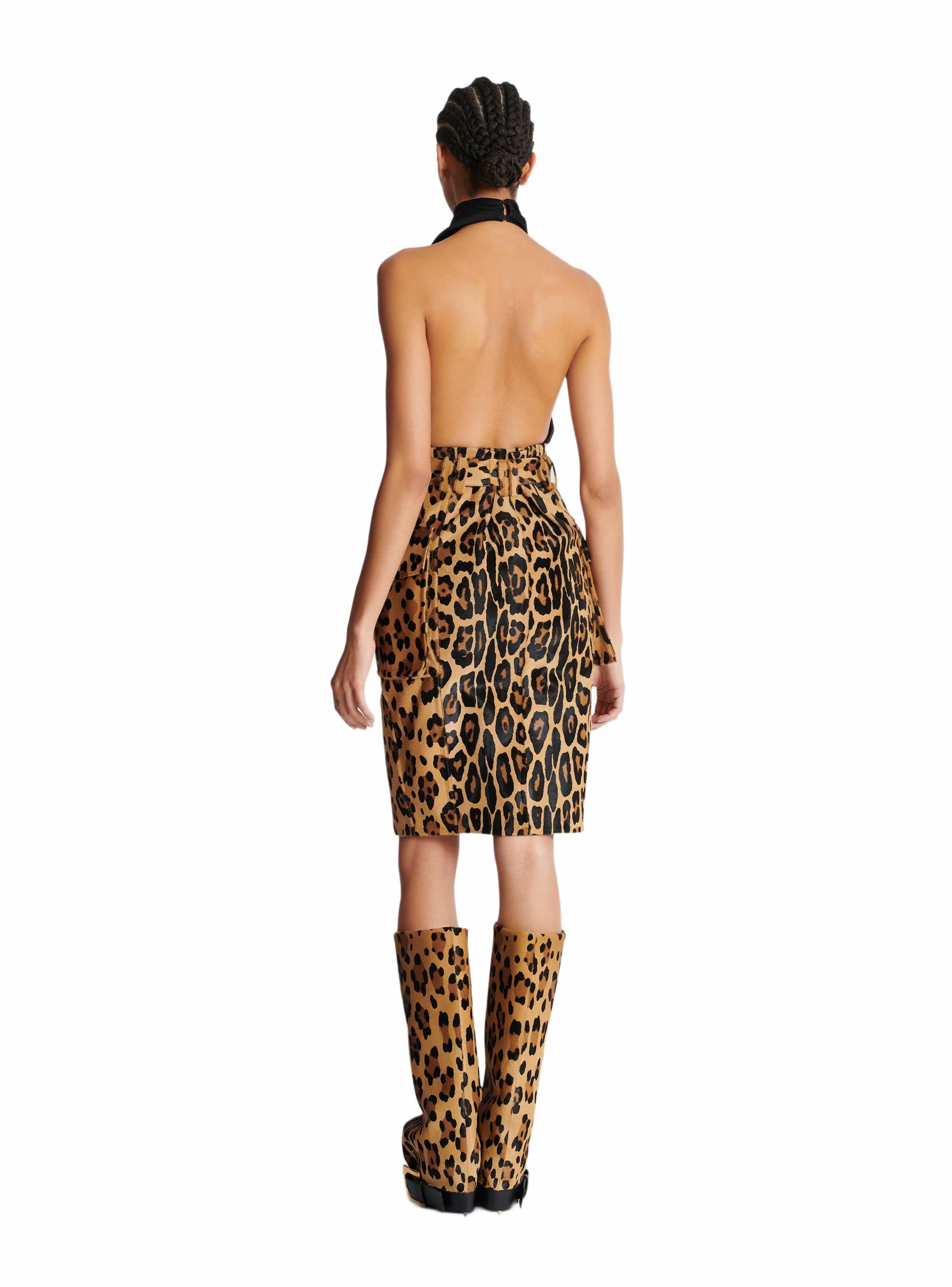 Jupe midi en cuir façon pony imprimé motif léopard BALMAIN Multicolore