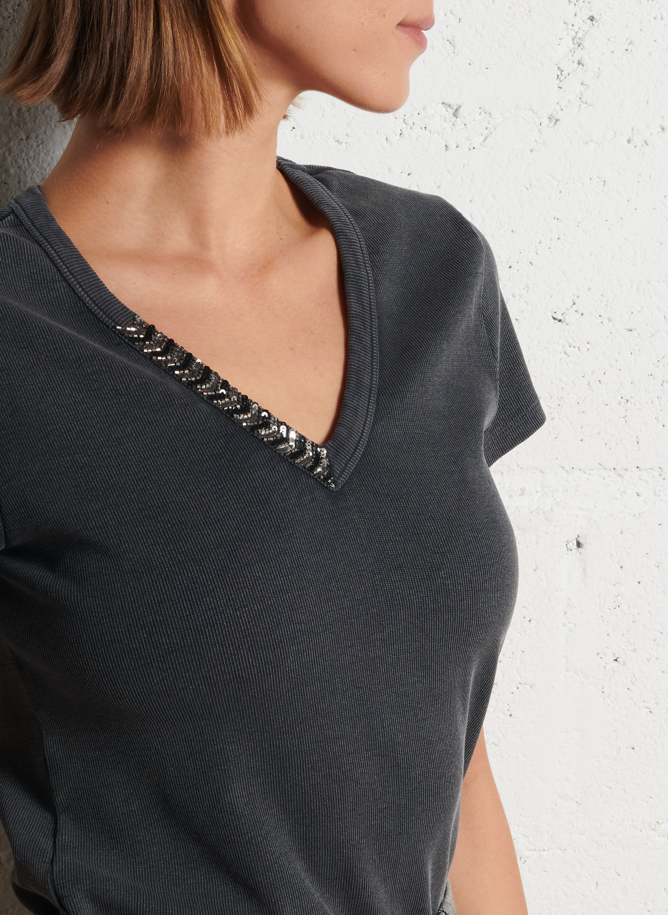 Tee-shirt col v en coton mélangé IKKS Gris