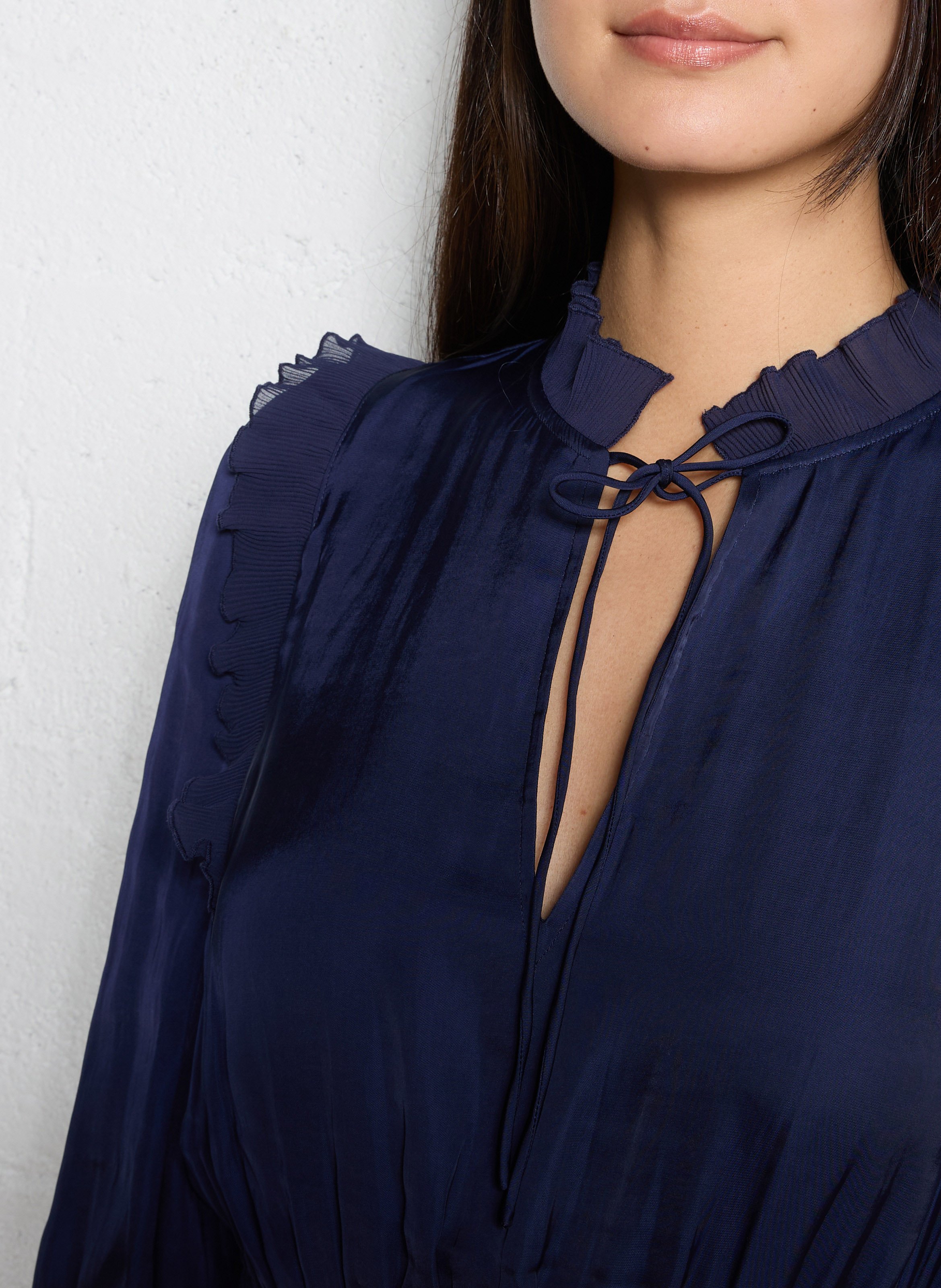 Robe midi col v satinée IKKS Bleu