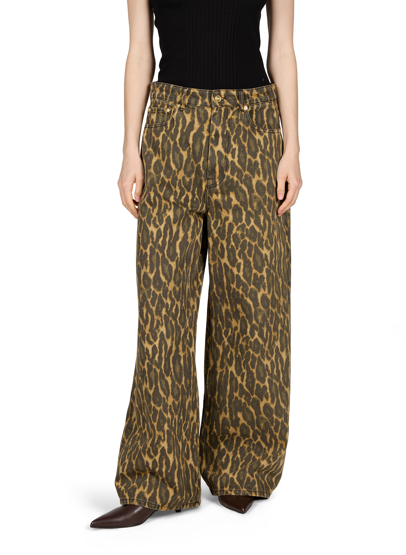Jean large léopard taille haute GANNI Kaki