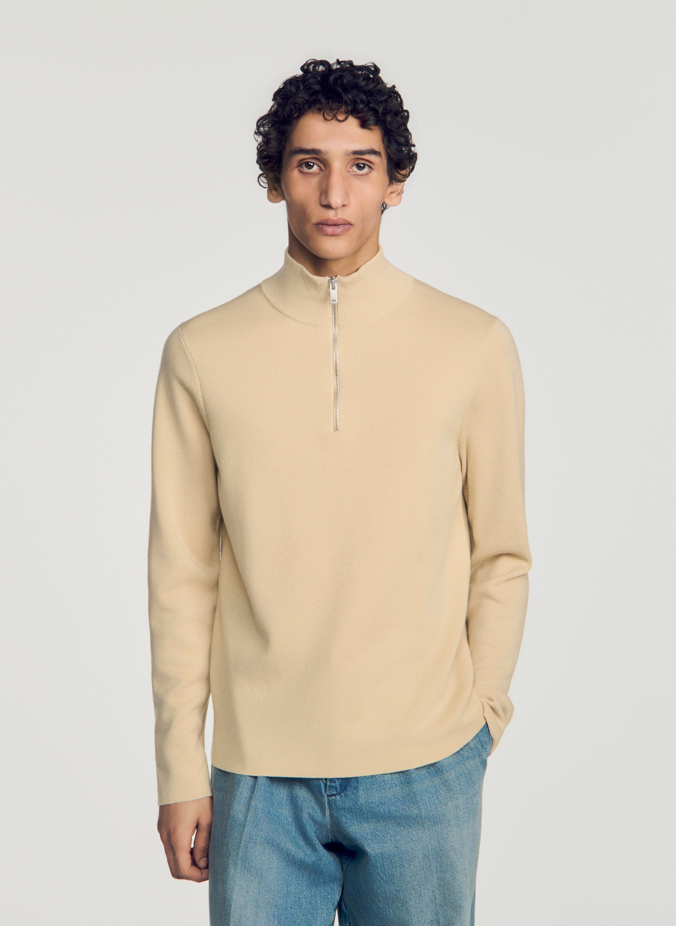 Pull col montant zippé en laine SANDRO Beige