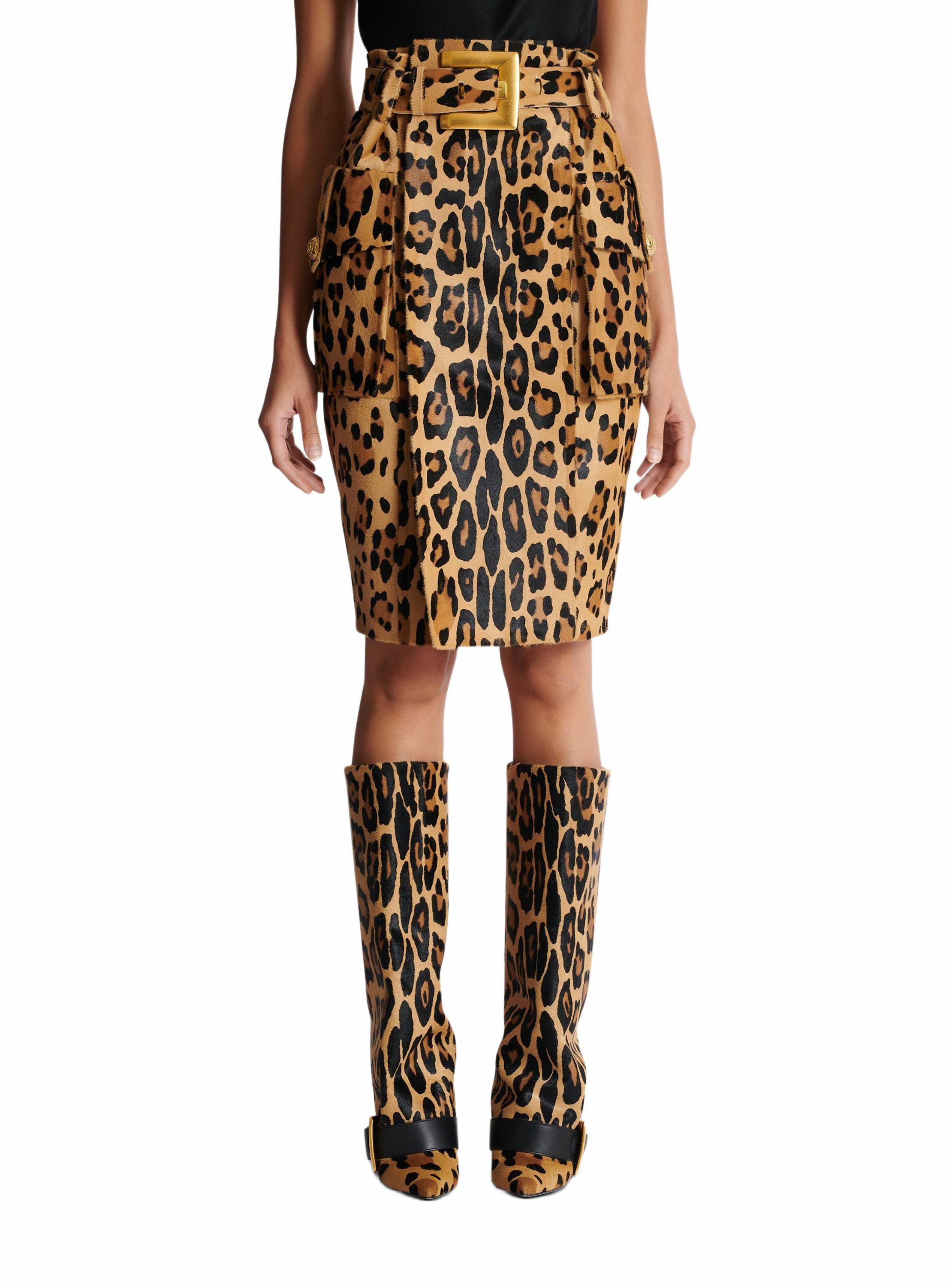 Jupe midi en cuir façon pony imprimé motif léopard BALMAIN Multicolore