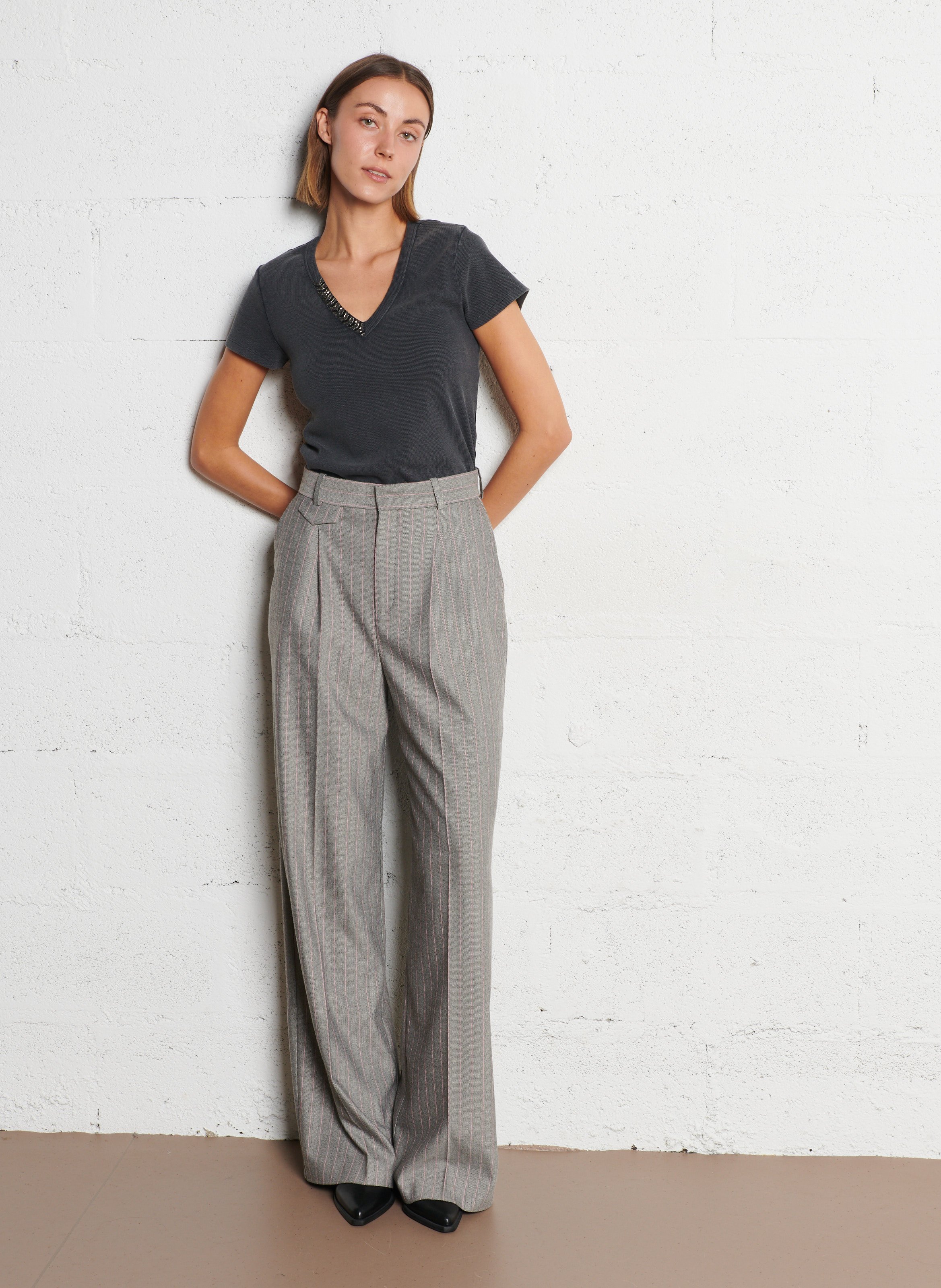 Tee-shirt col v en coton mélangé IKKS Gris