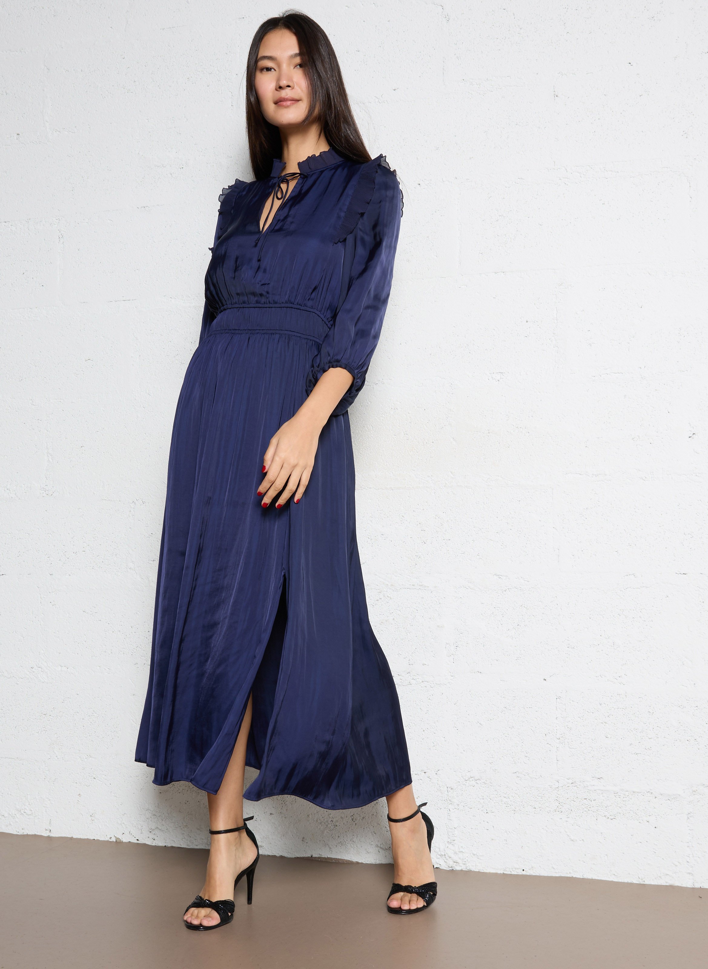 Robe midi col v satinée IKKS Bleu