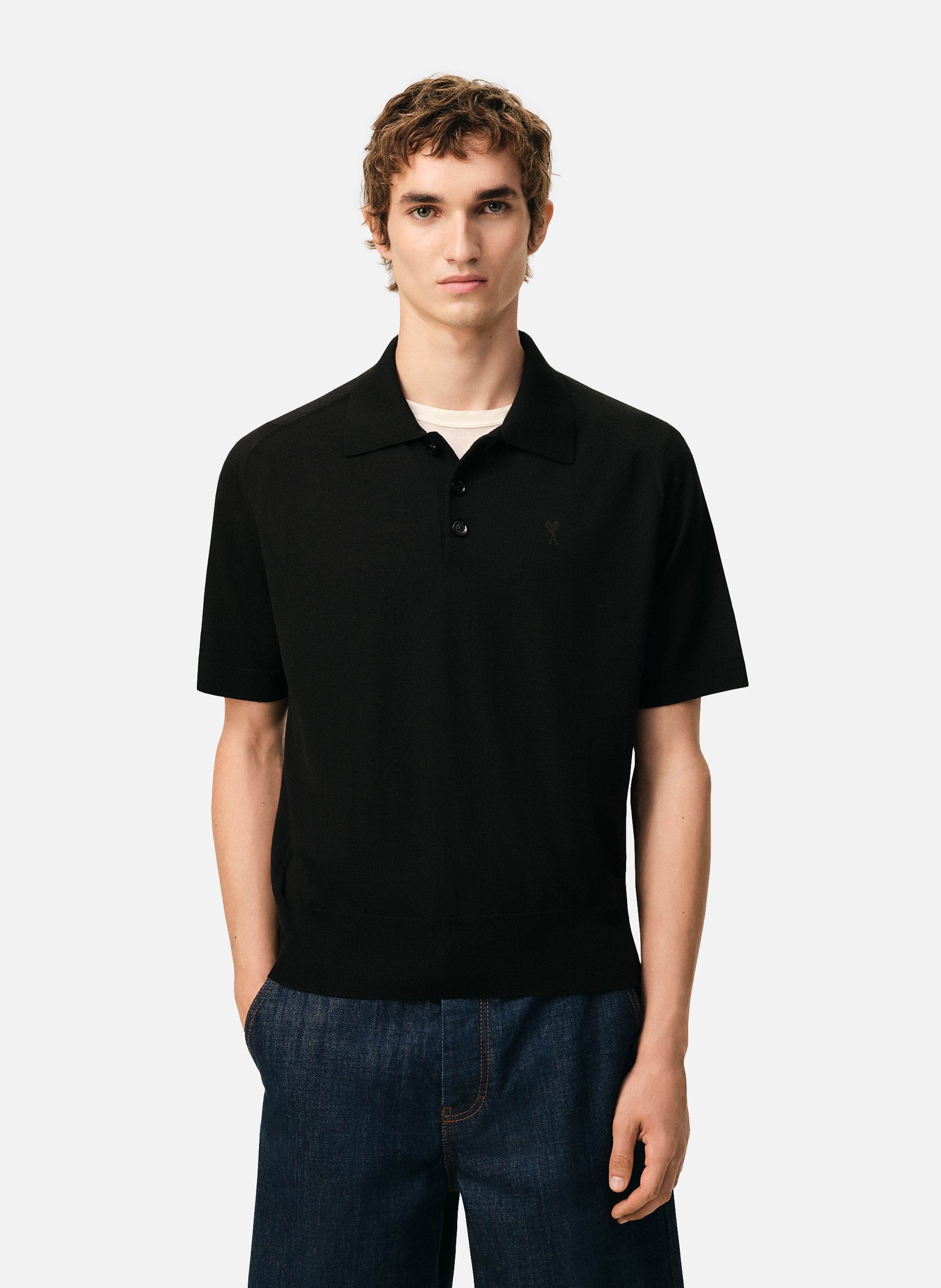 Polo manches courtes ami de coeur en laine NoirAMI PARIS