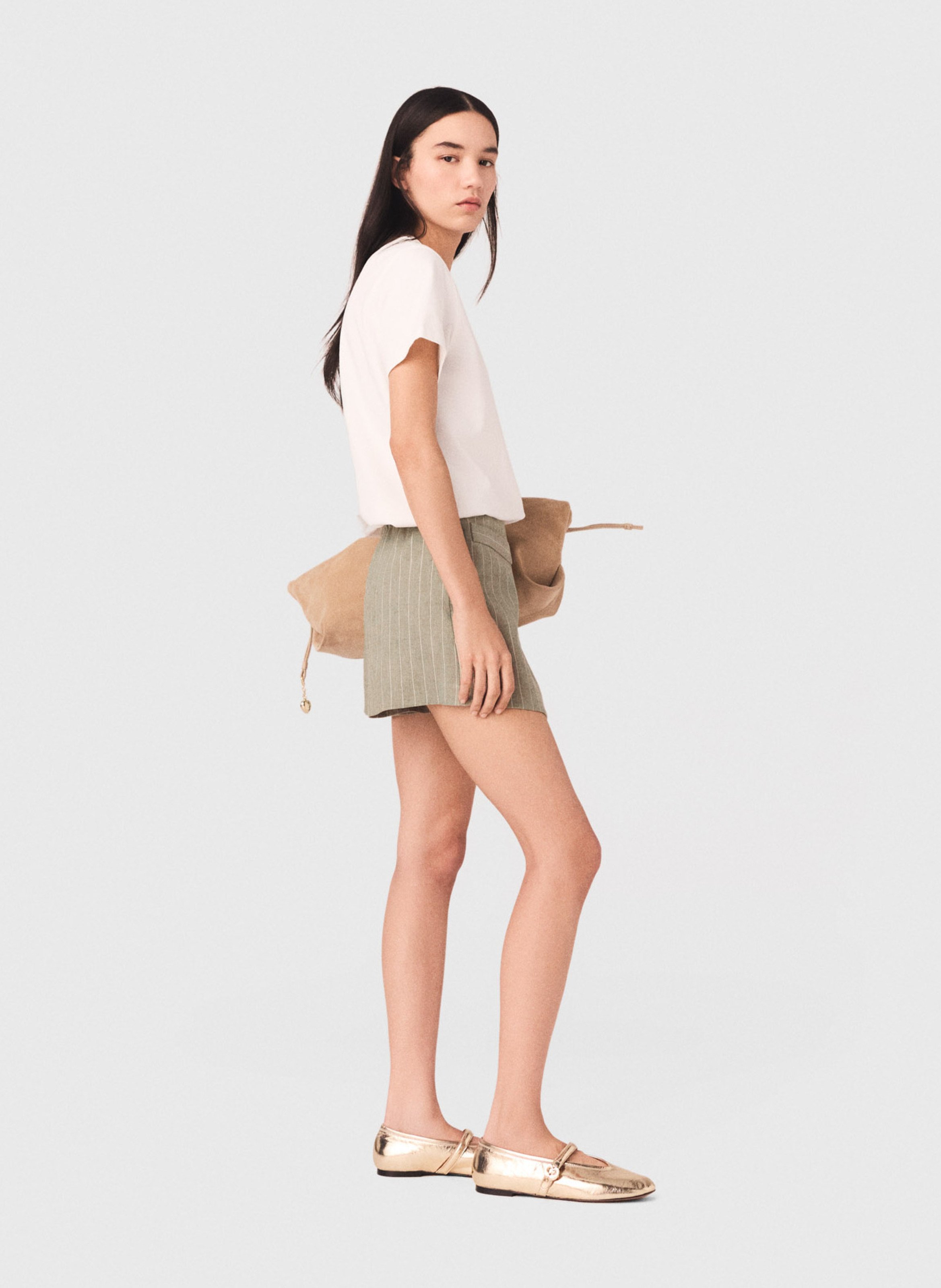 Short droit portefeuille à rayures fines MAJE Kaki