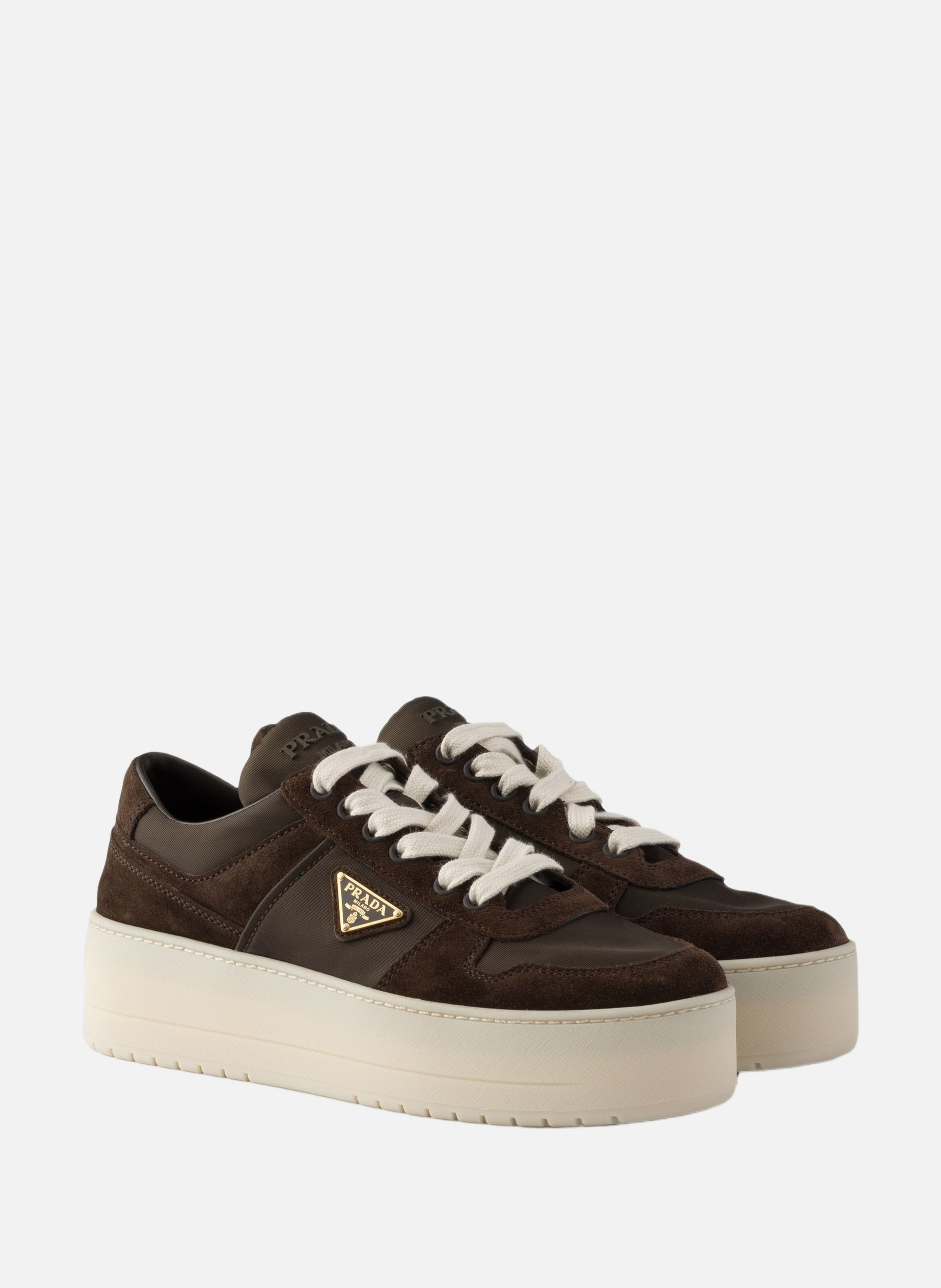 Baskets downtown bold en re-nylon et en daim PRADA Marron