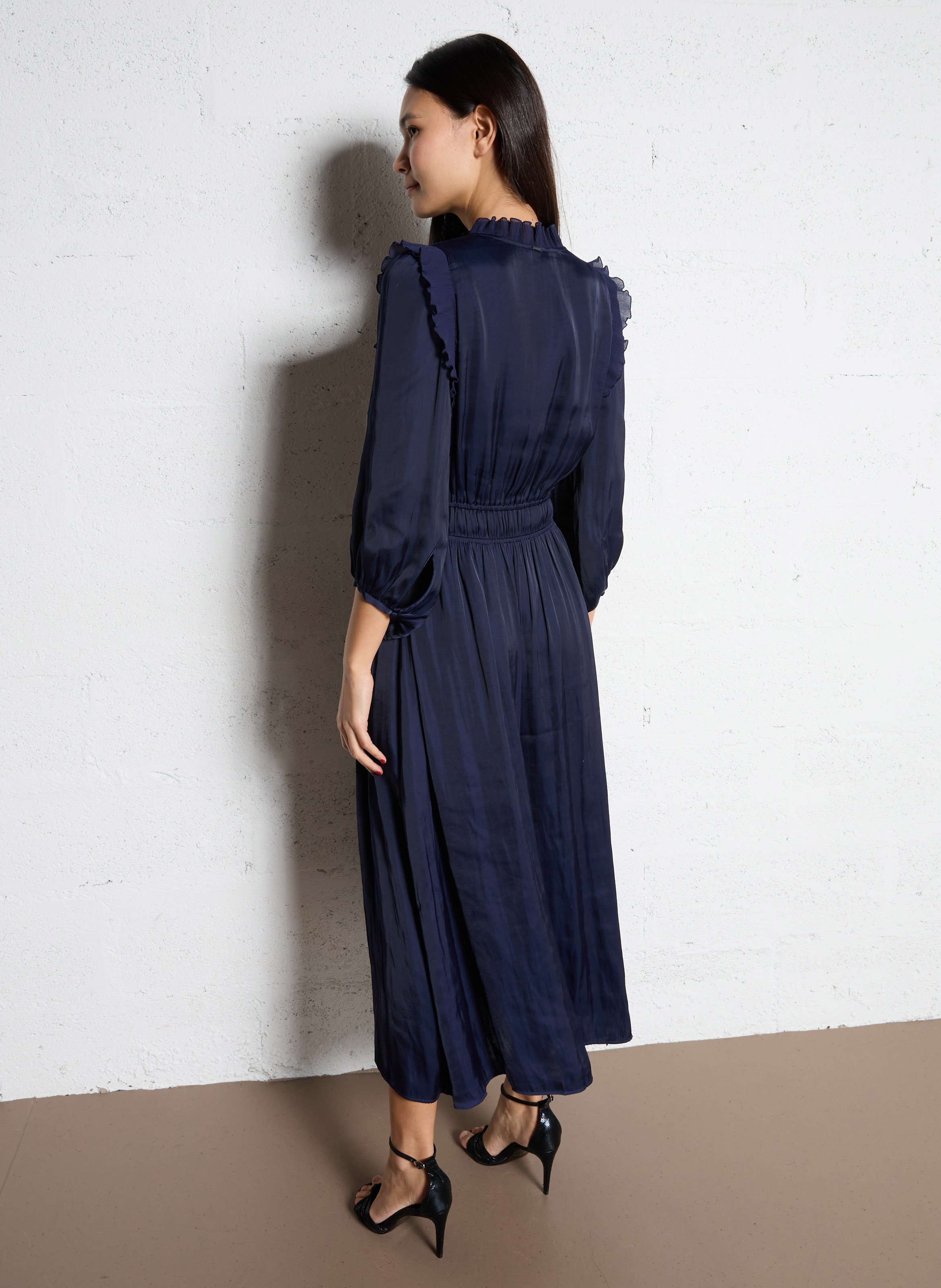 Robe midi col v satinée IKKS Bleu