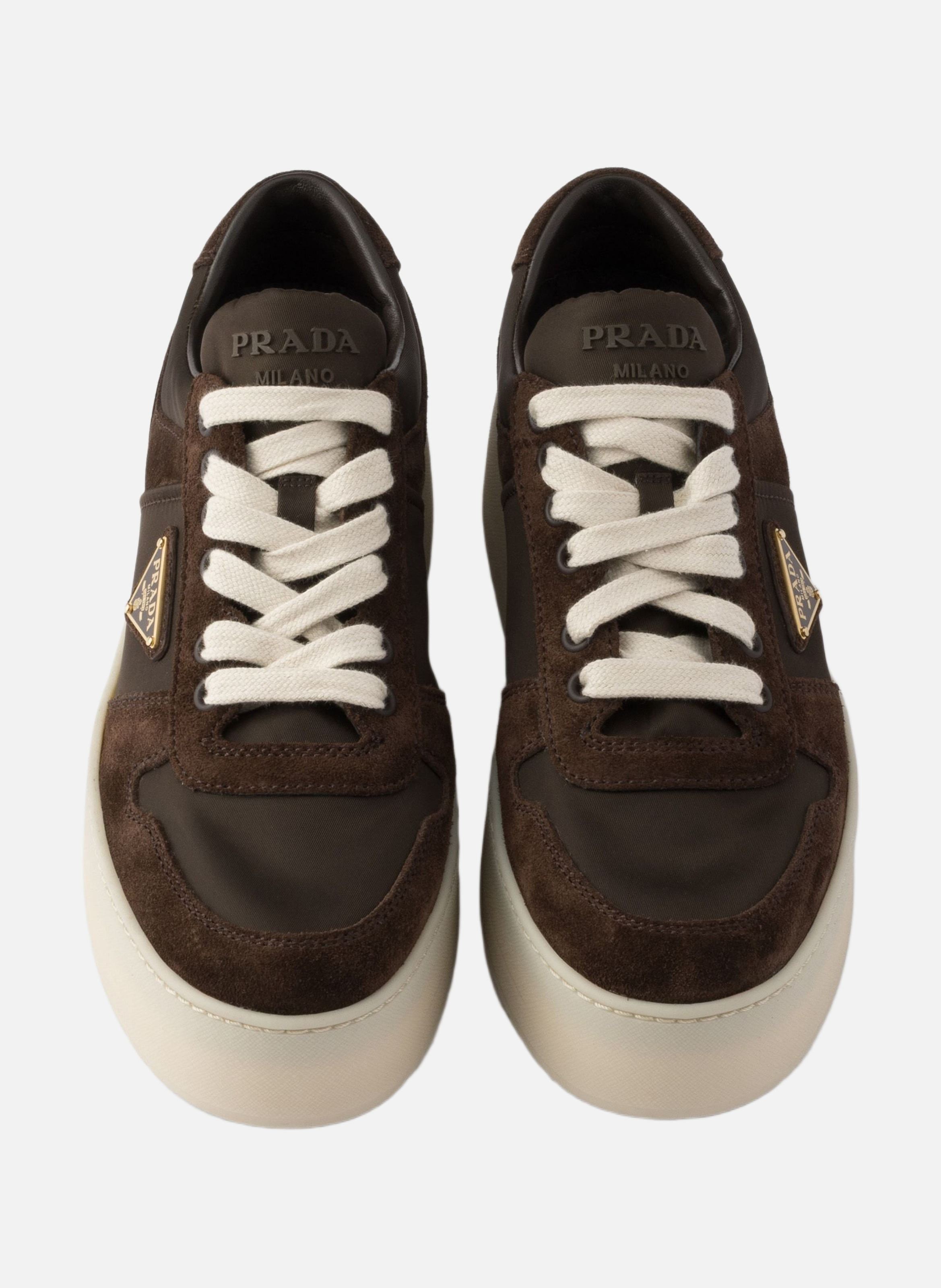 Baskets downtown bold en re-nylon et en daim PRADA Marron