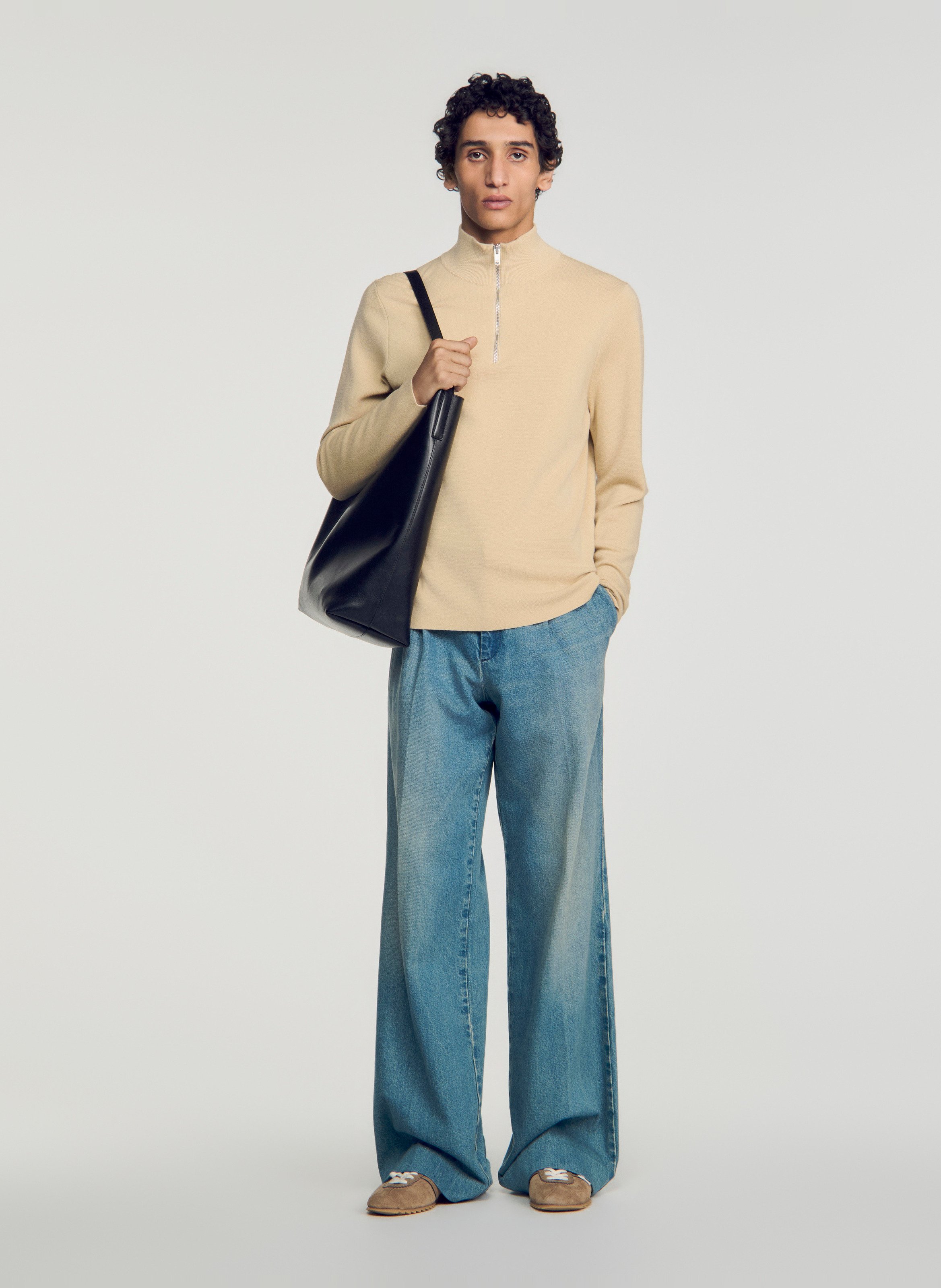 Pull col montant zippé en laine SANDRO Beige