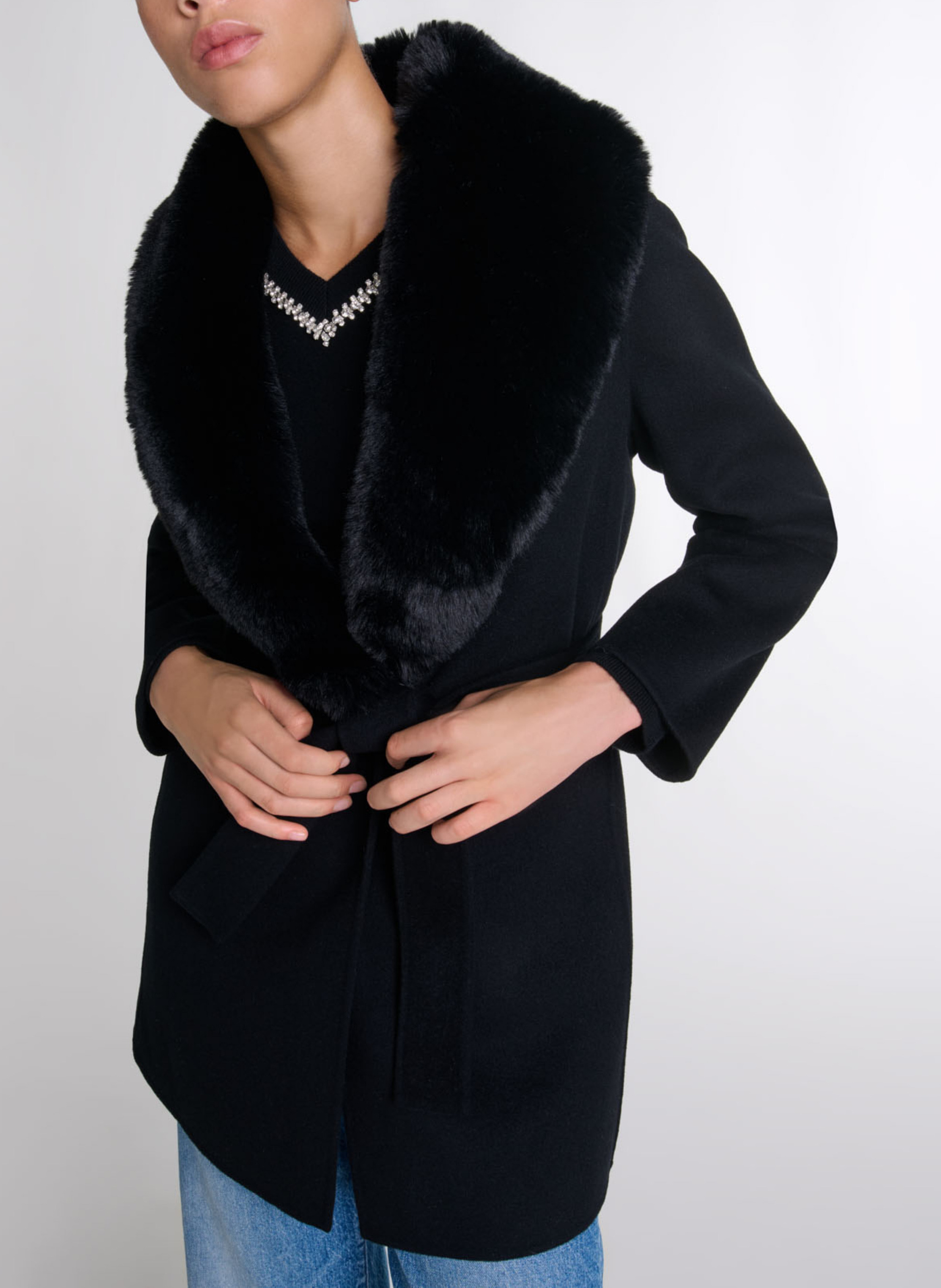 Manteau col effet fourrure en laine mélangée MAJE Noir