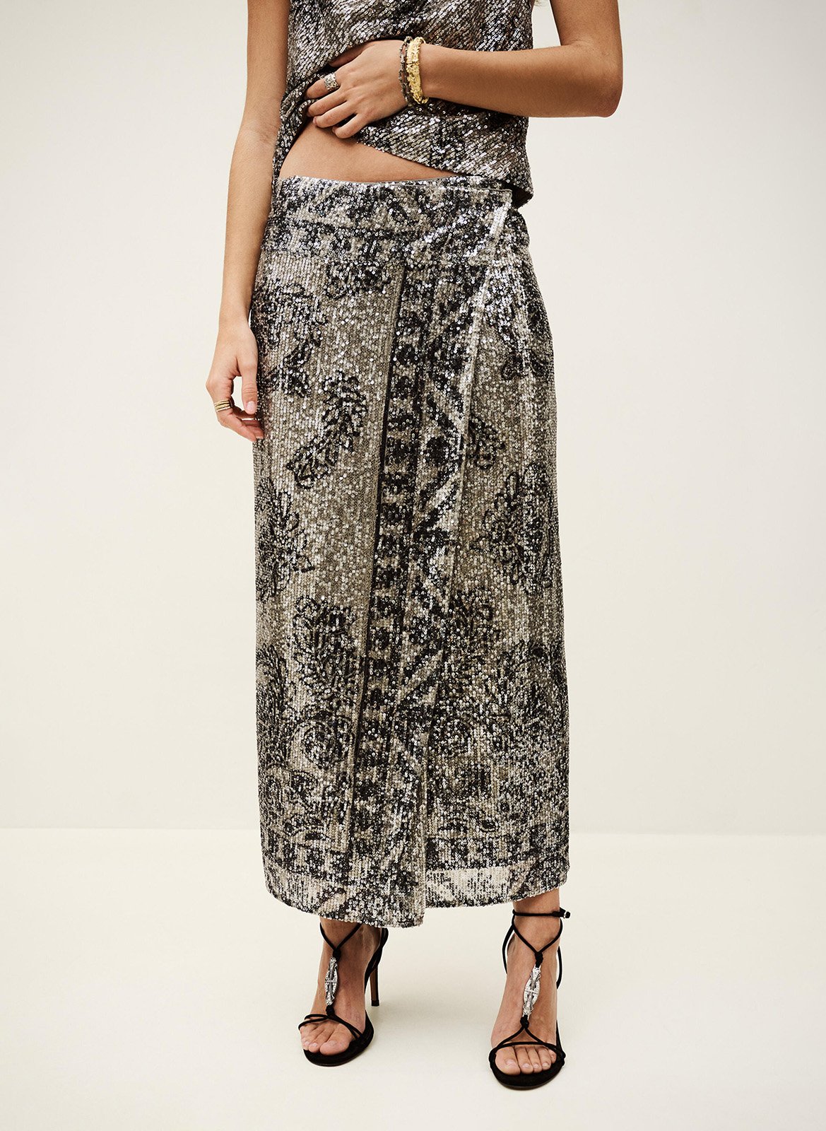 Jupe longue portefeuille à motif sequins silvia BA&SH Noir
