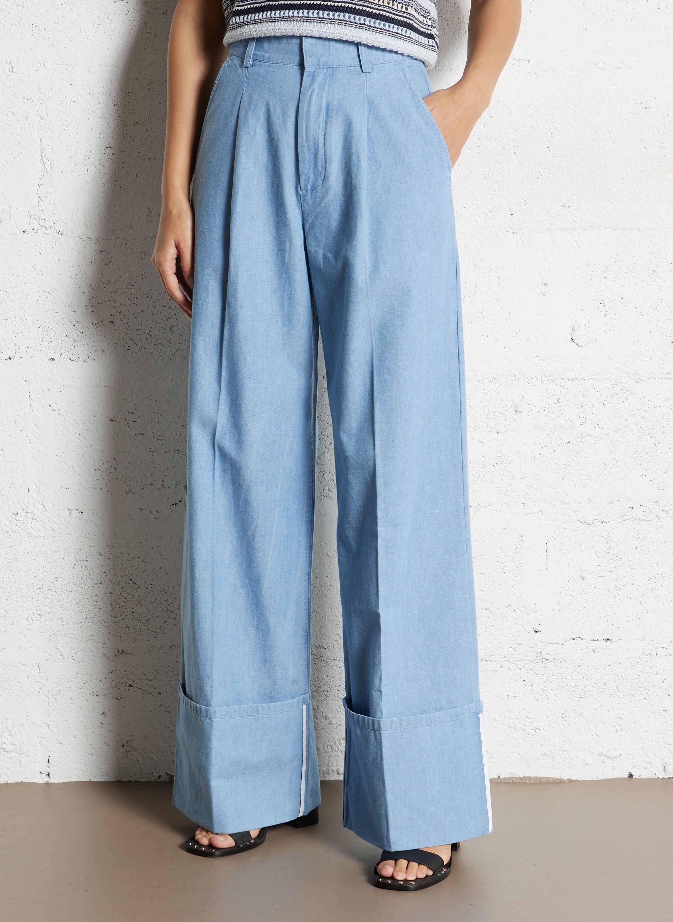 Pantalon large taille haute en coton IKKS Bleu
