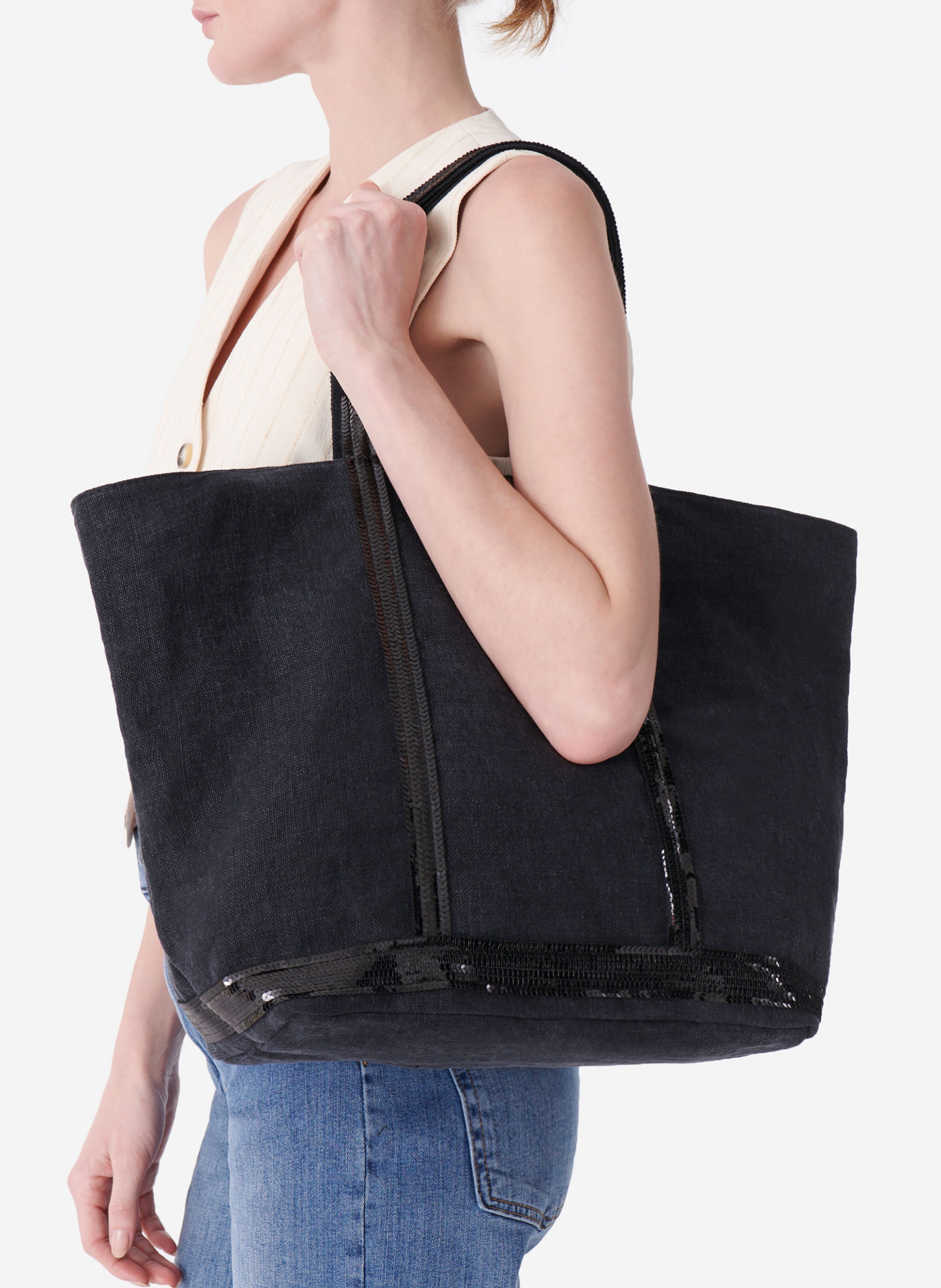 Cabas l zippé en lin Noir