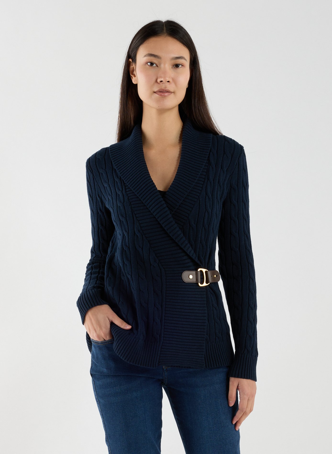 Cotton twisted knit sweater with belt. LAUREN Blue
