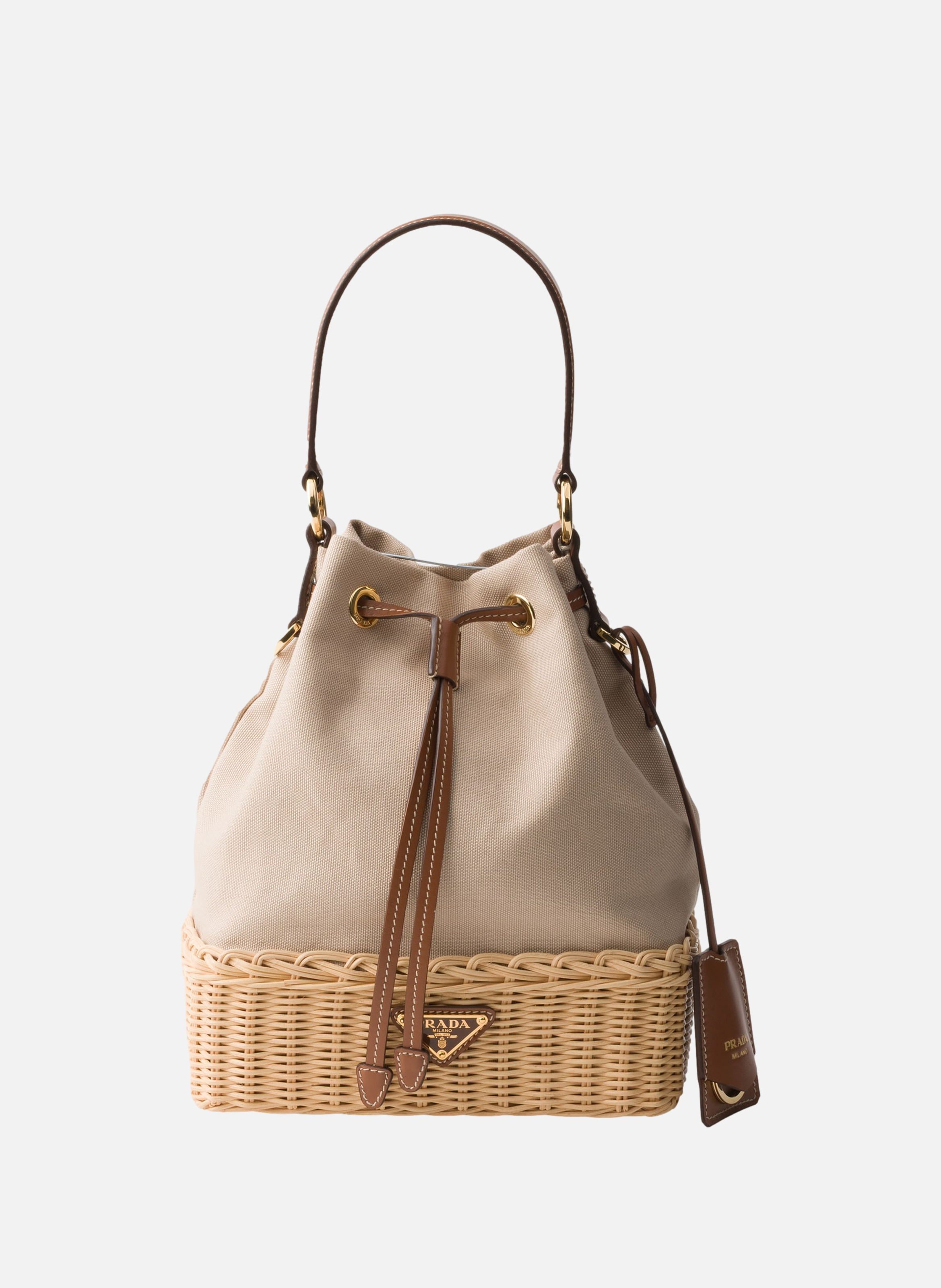 Sac seau en toile et osier PRADA Beige