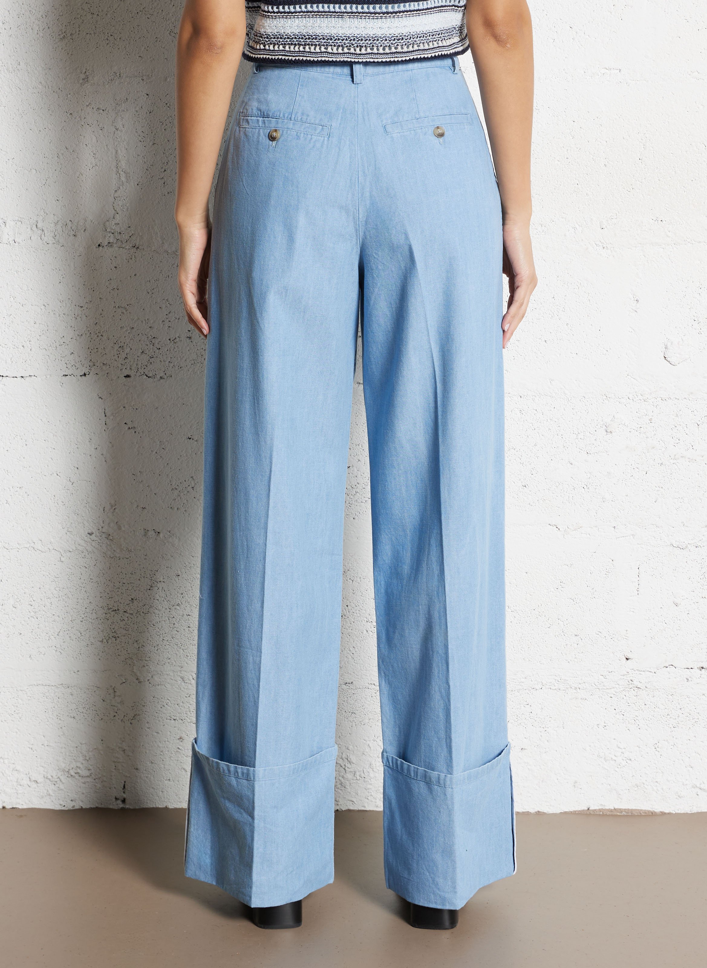 Pantalon large taille haute en coton IKKS Bleu