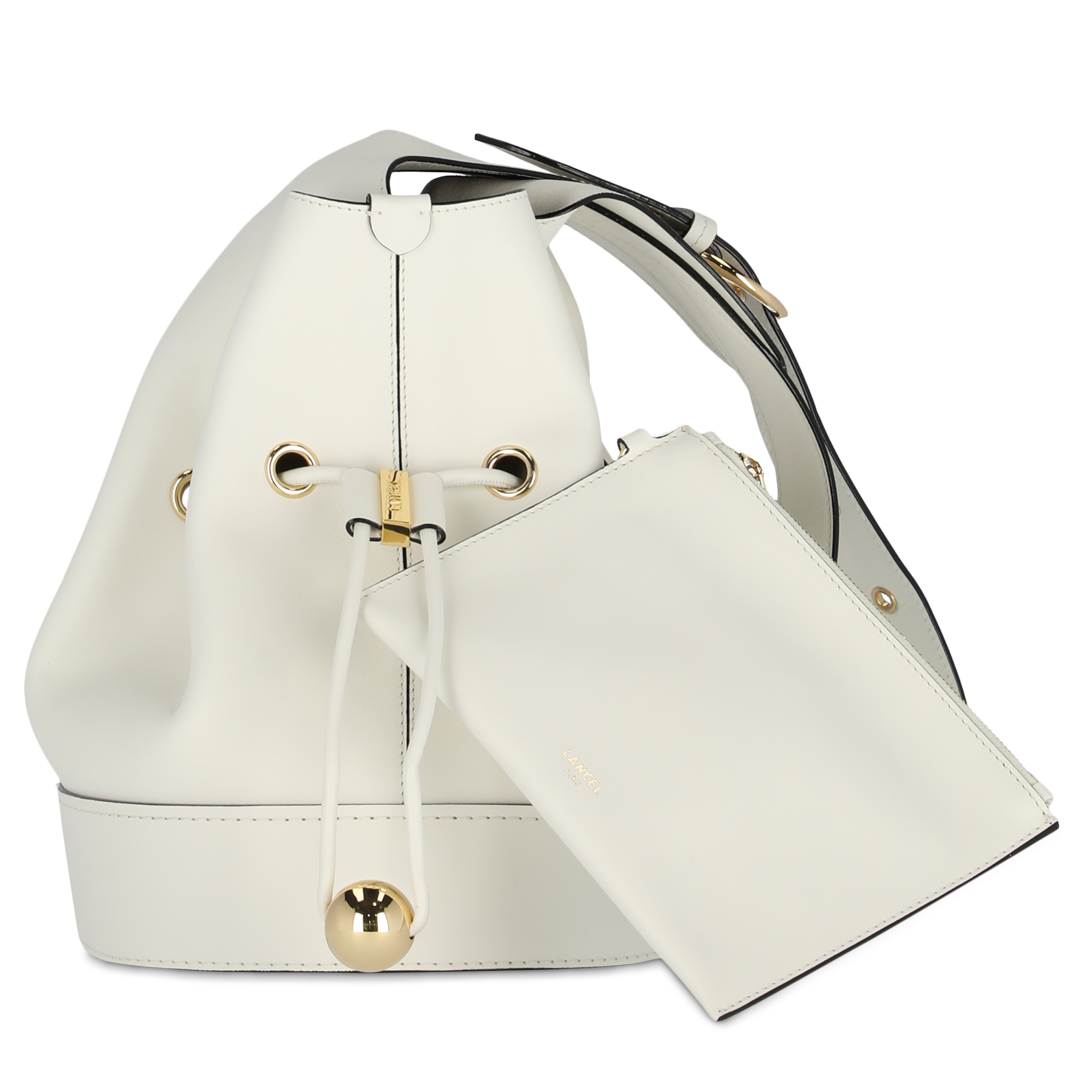 Emmertas, schoudertasstijl, glad runderleer met suède voering. LANCEL Wit