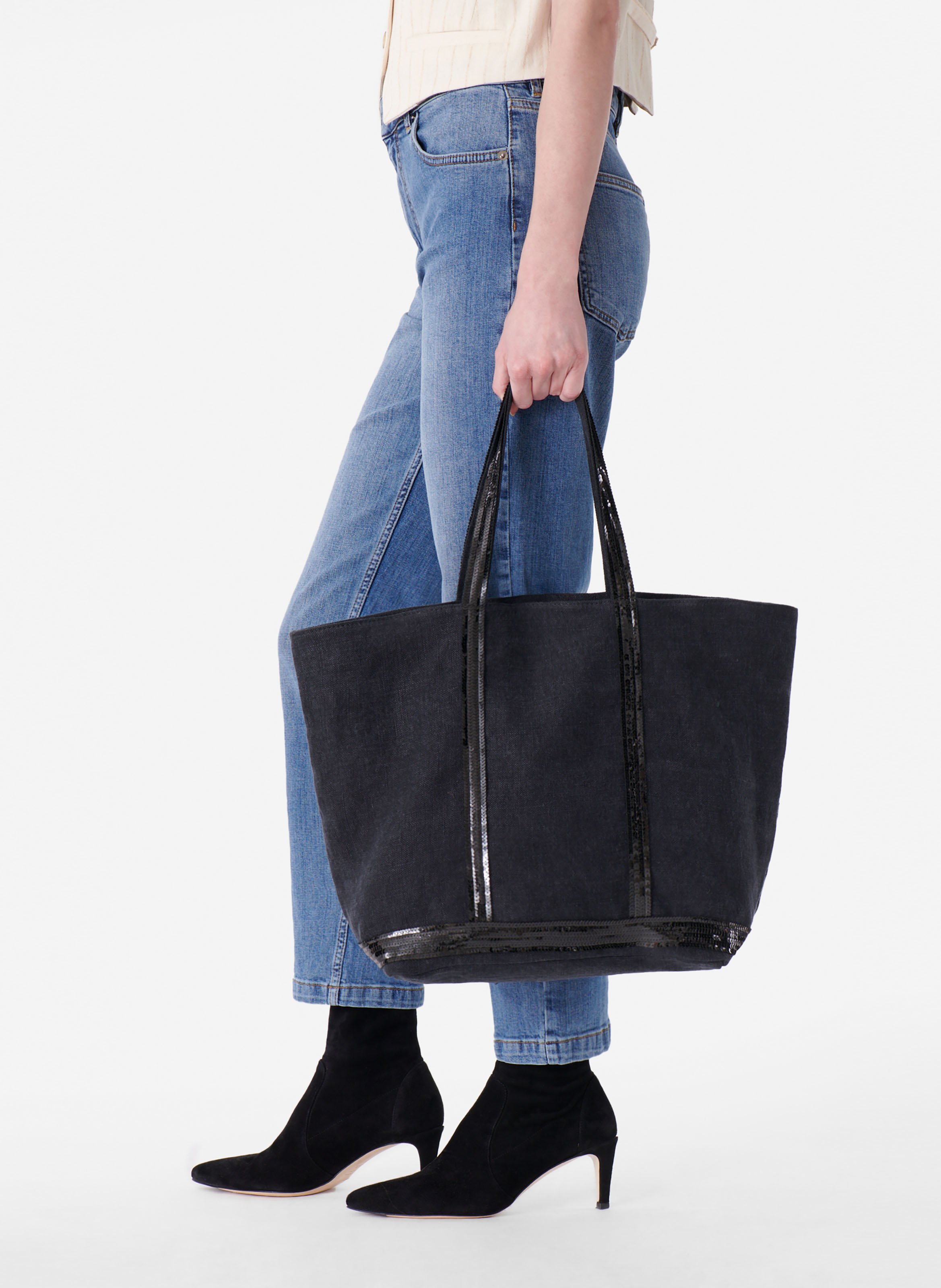 Cabas l zippé en lin Noir