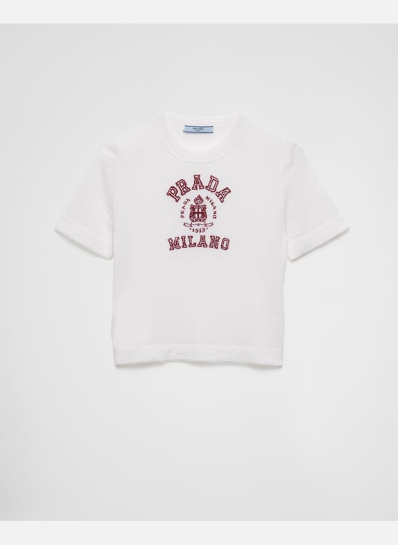 T-shirt intarsia en cachemire Blanc by PRADA PRADA T-shirt intarsia en cachemire Blanc
