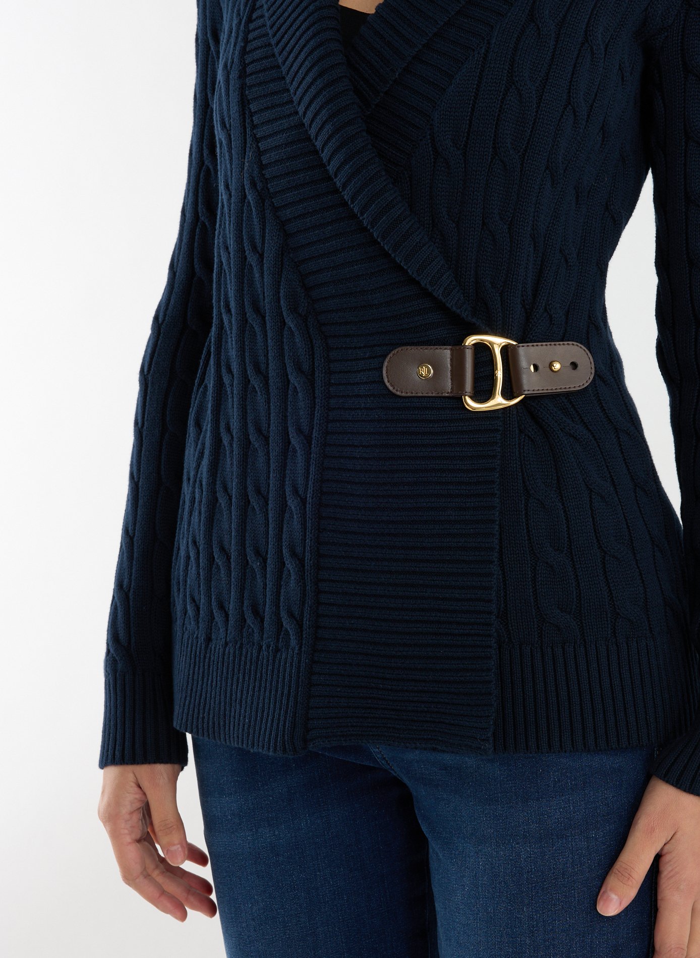 Cotton twisted knit sweater with belt. LAUREN Blue