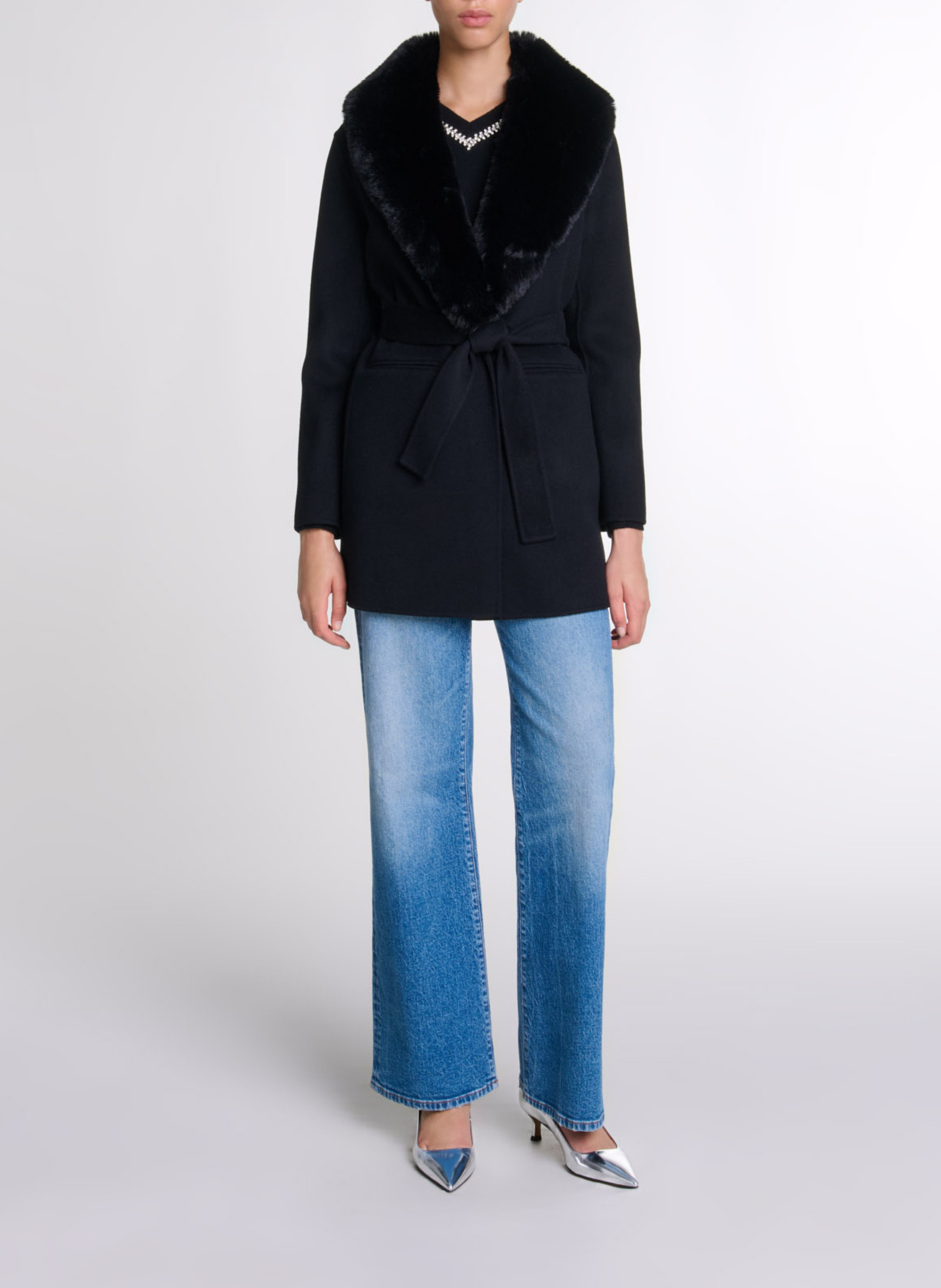 Manteau col effet fourrure en laine mélangée MAJE Noir