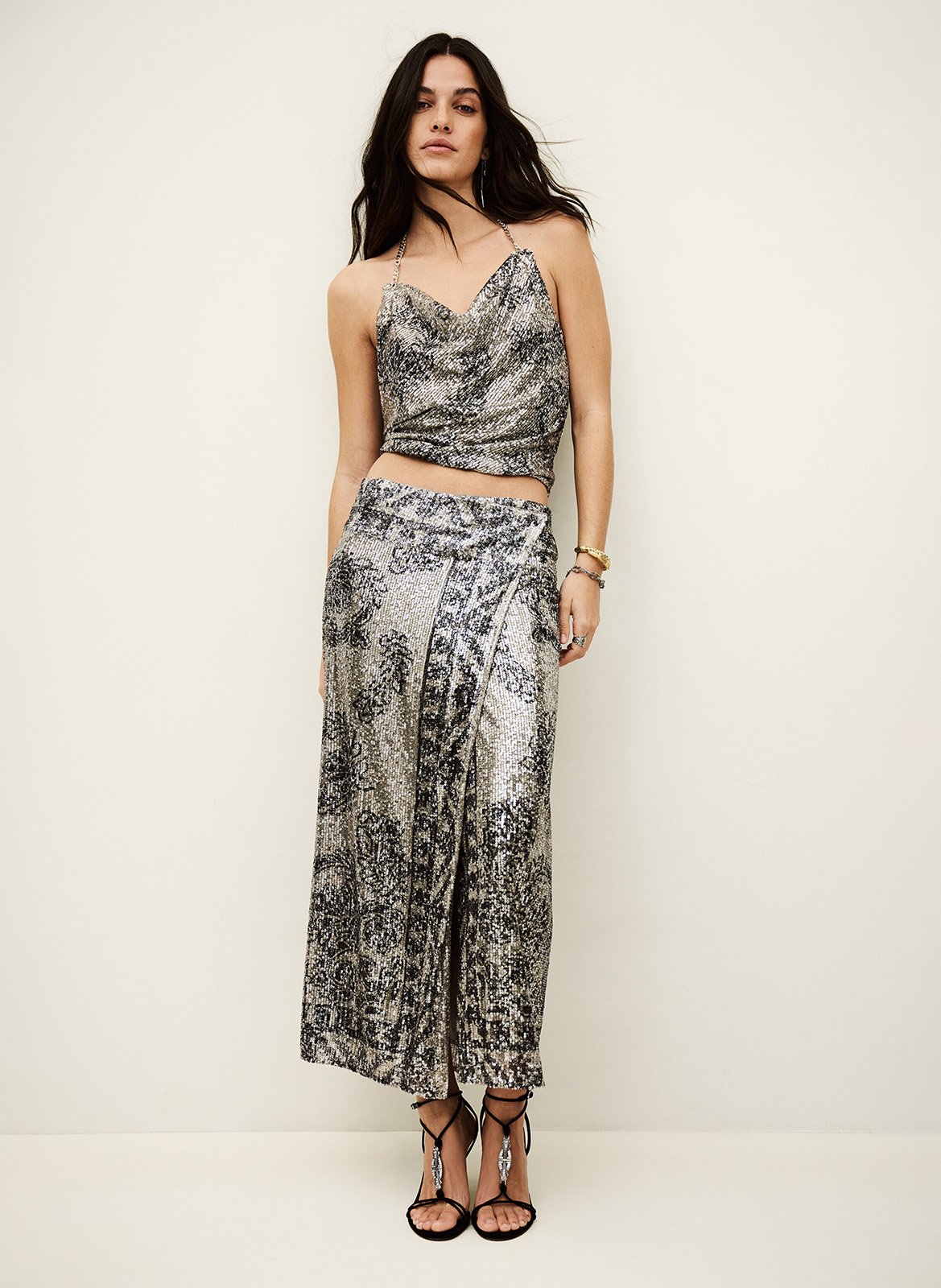 Jupe longue portefeuille à motif sequins silvia BA&SH Noir