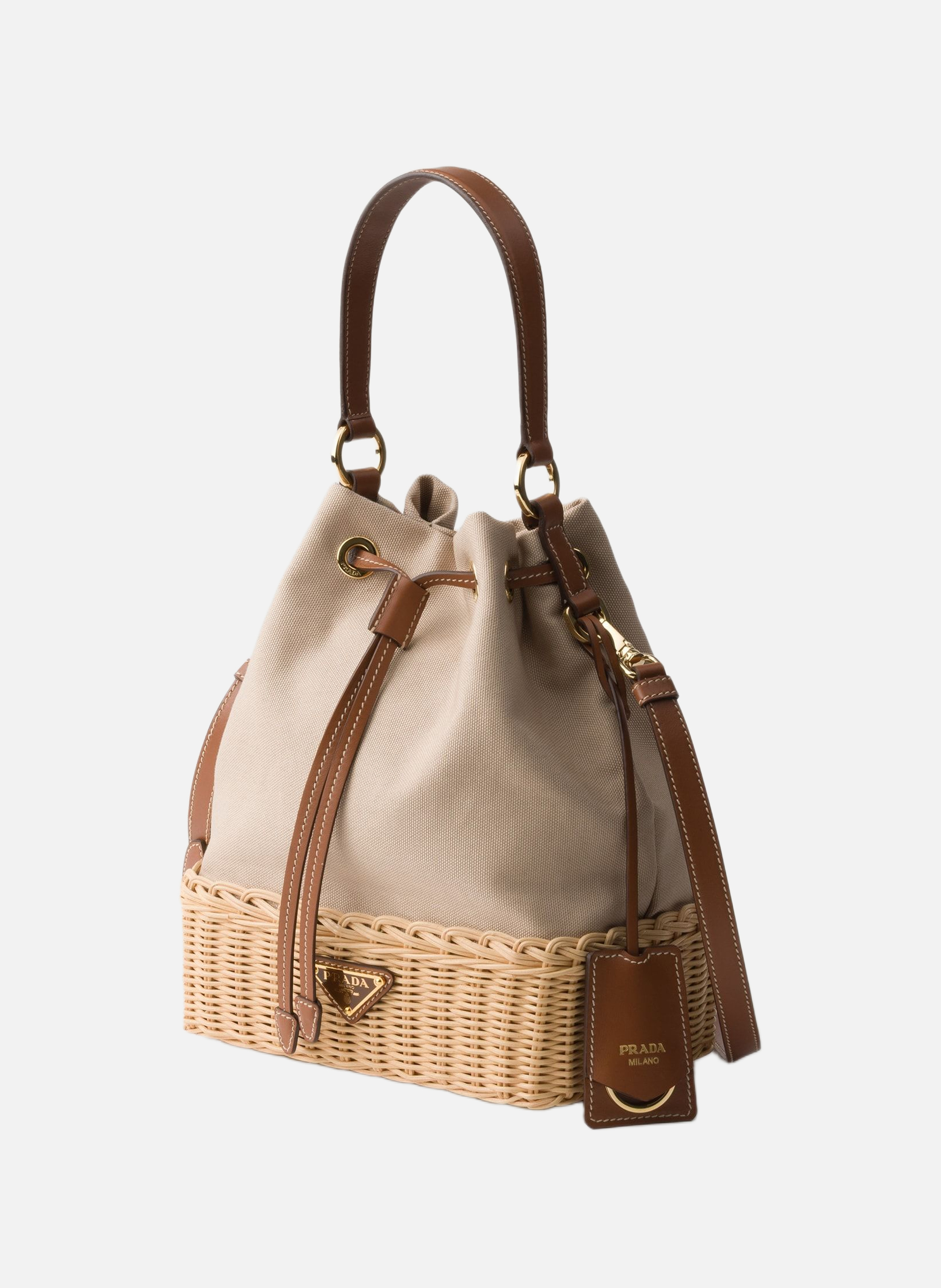 Sac seau en toile et osier PRADA Beige