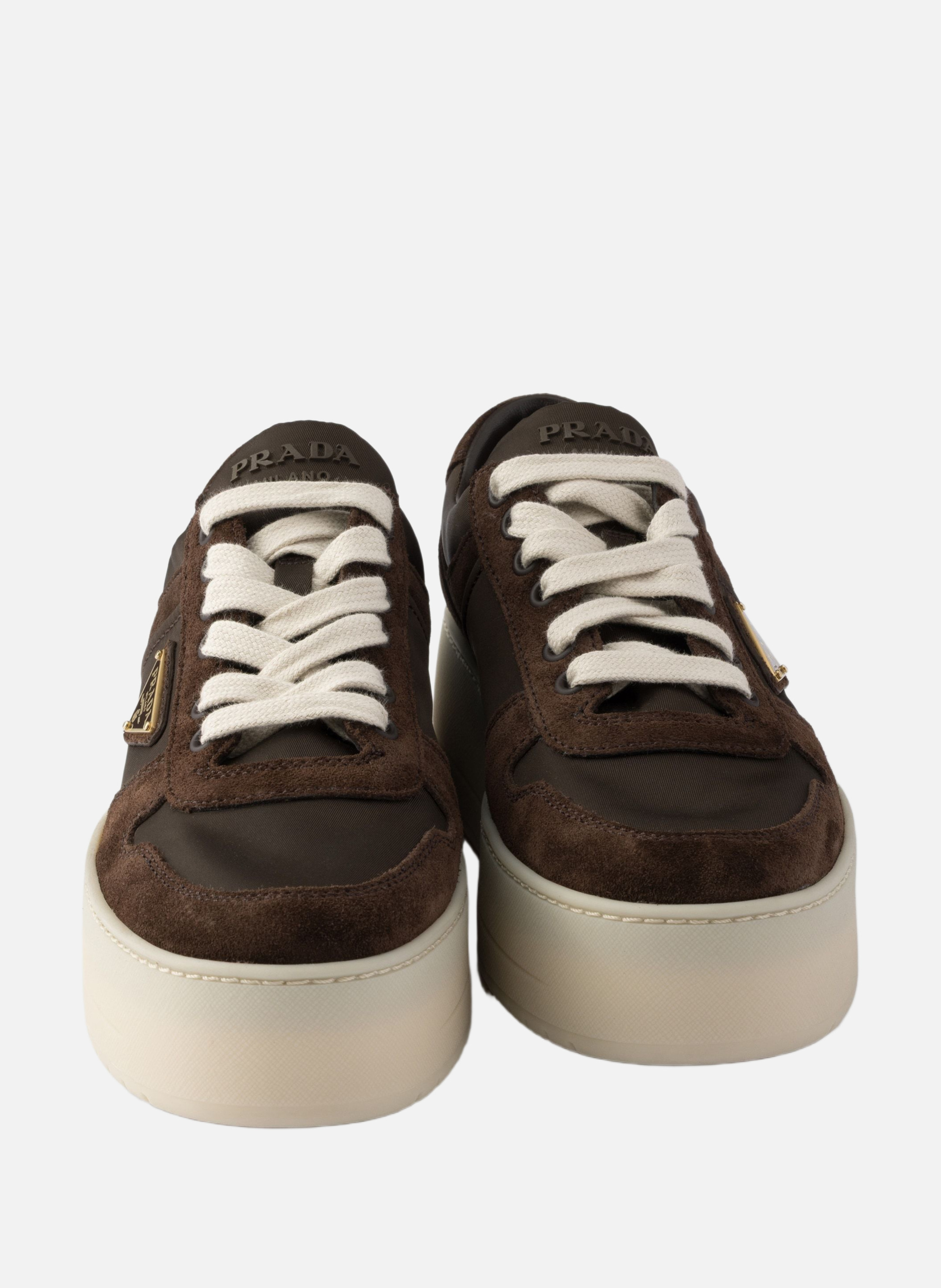 Baskets downtown bold en re-nylon et en daim PRADA Marron