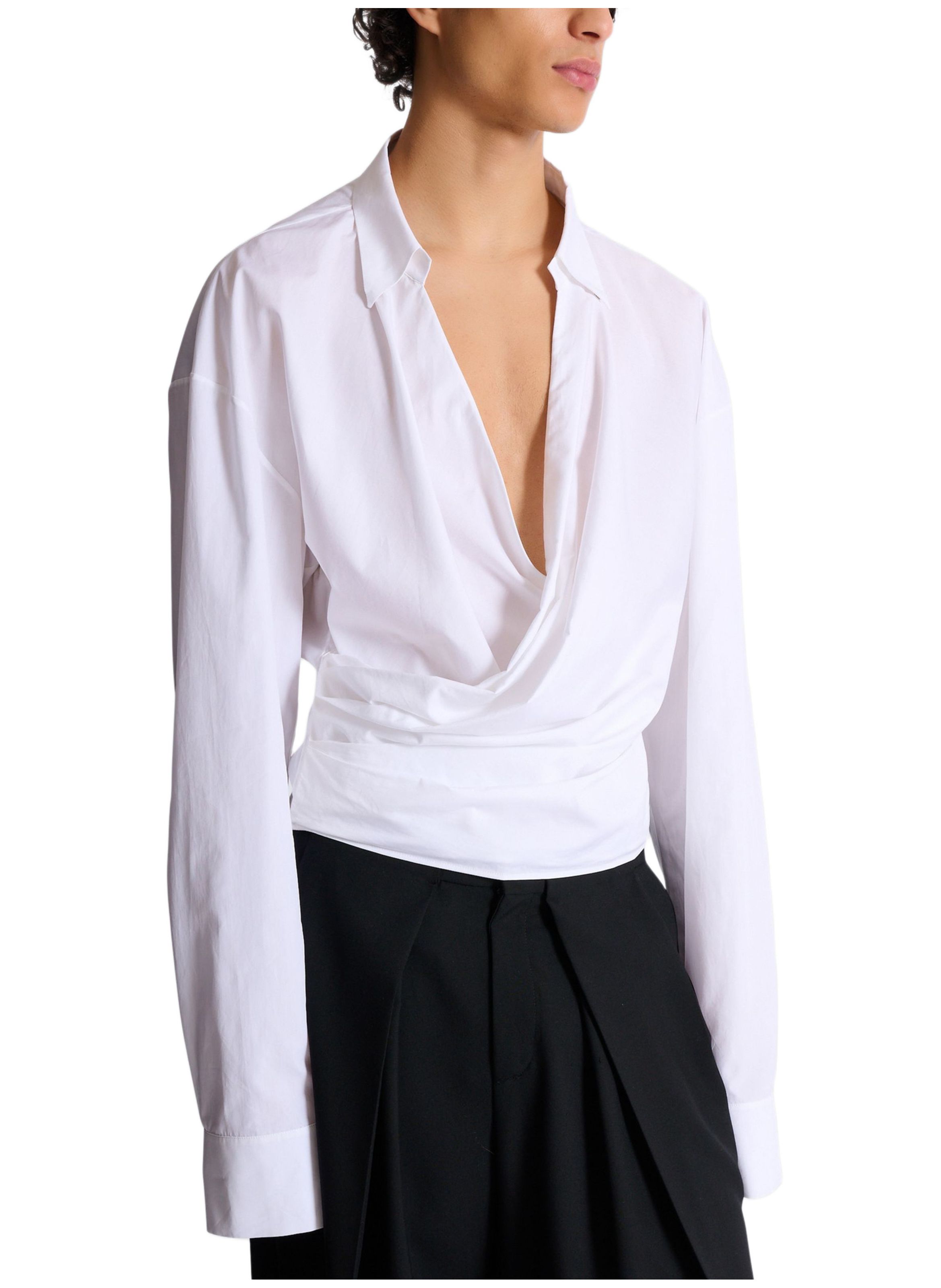 Chemise drapée en popeline de coton BALMAIN Blanc