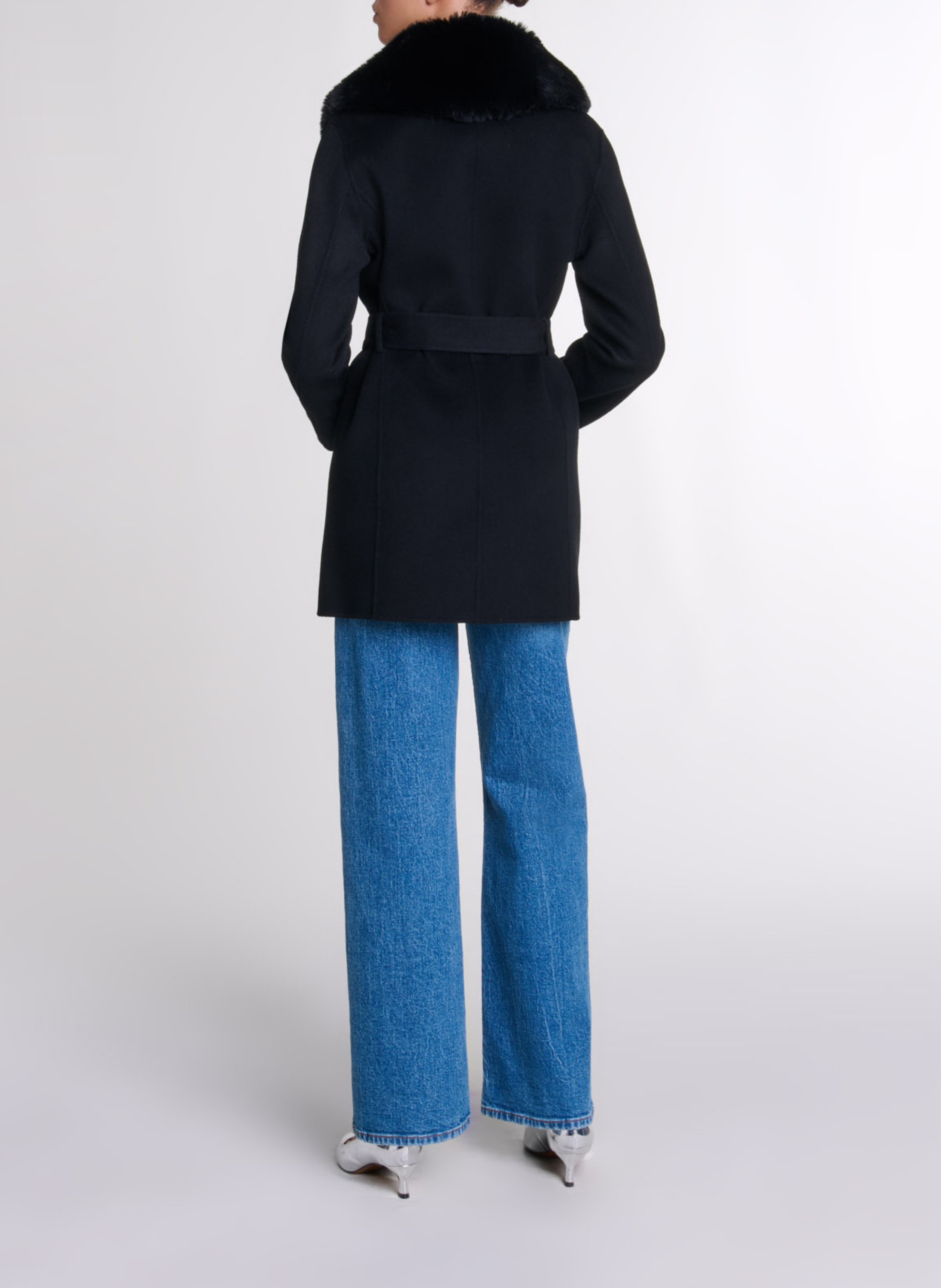 Manteau col effet fourrure en laine mélangée MAJE Noir