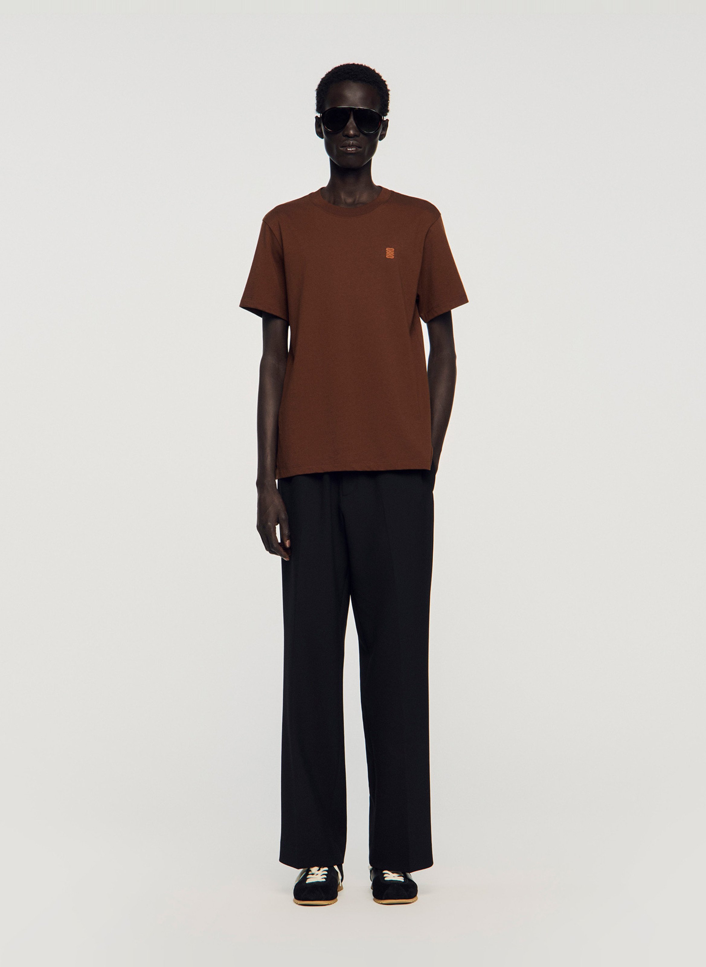 Tee-shirt col rond en coton SANDRO Marron