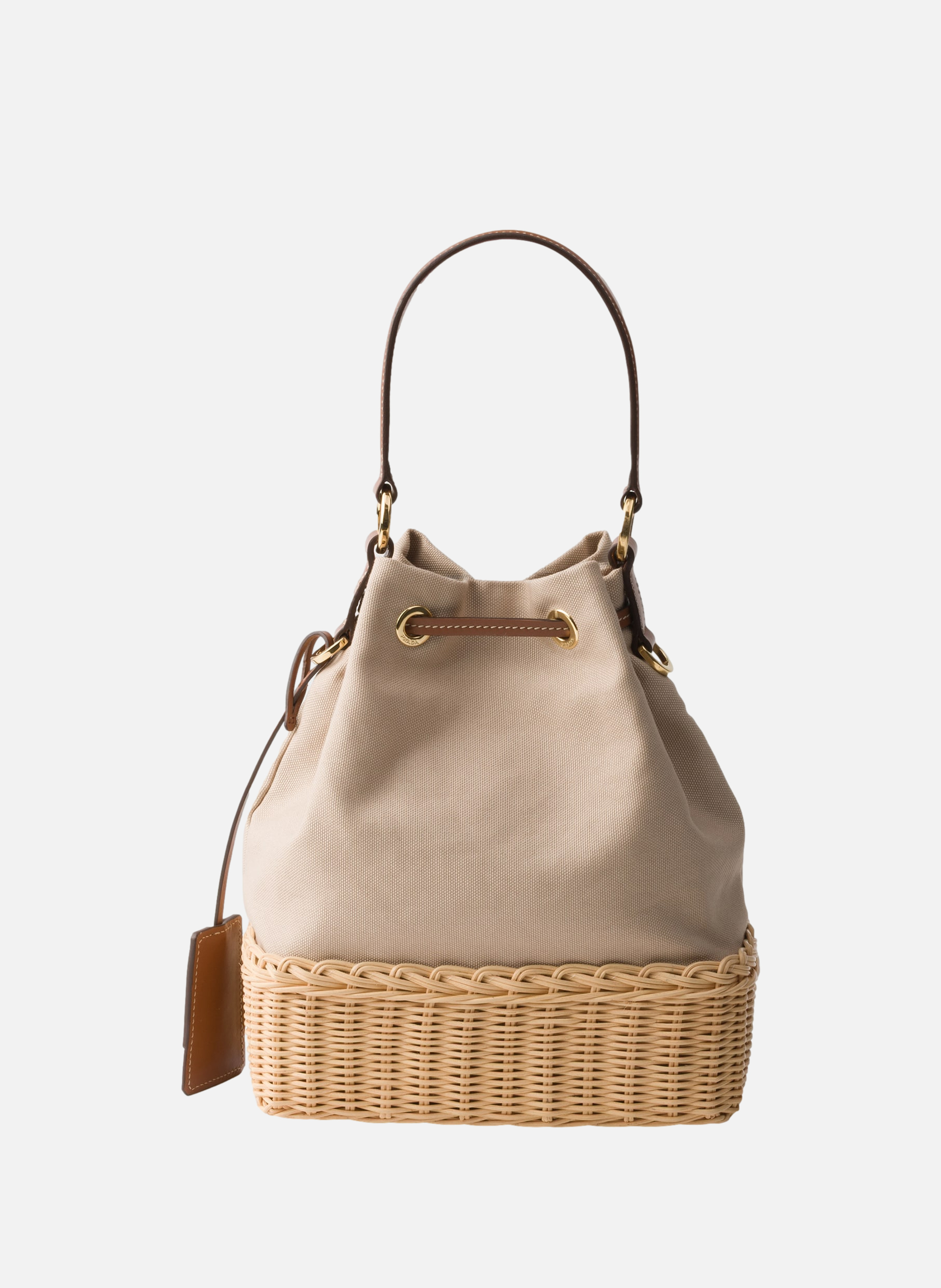 Sac seau en toile et osier PRADA Beige