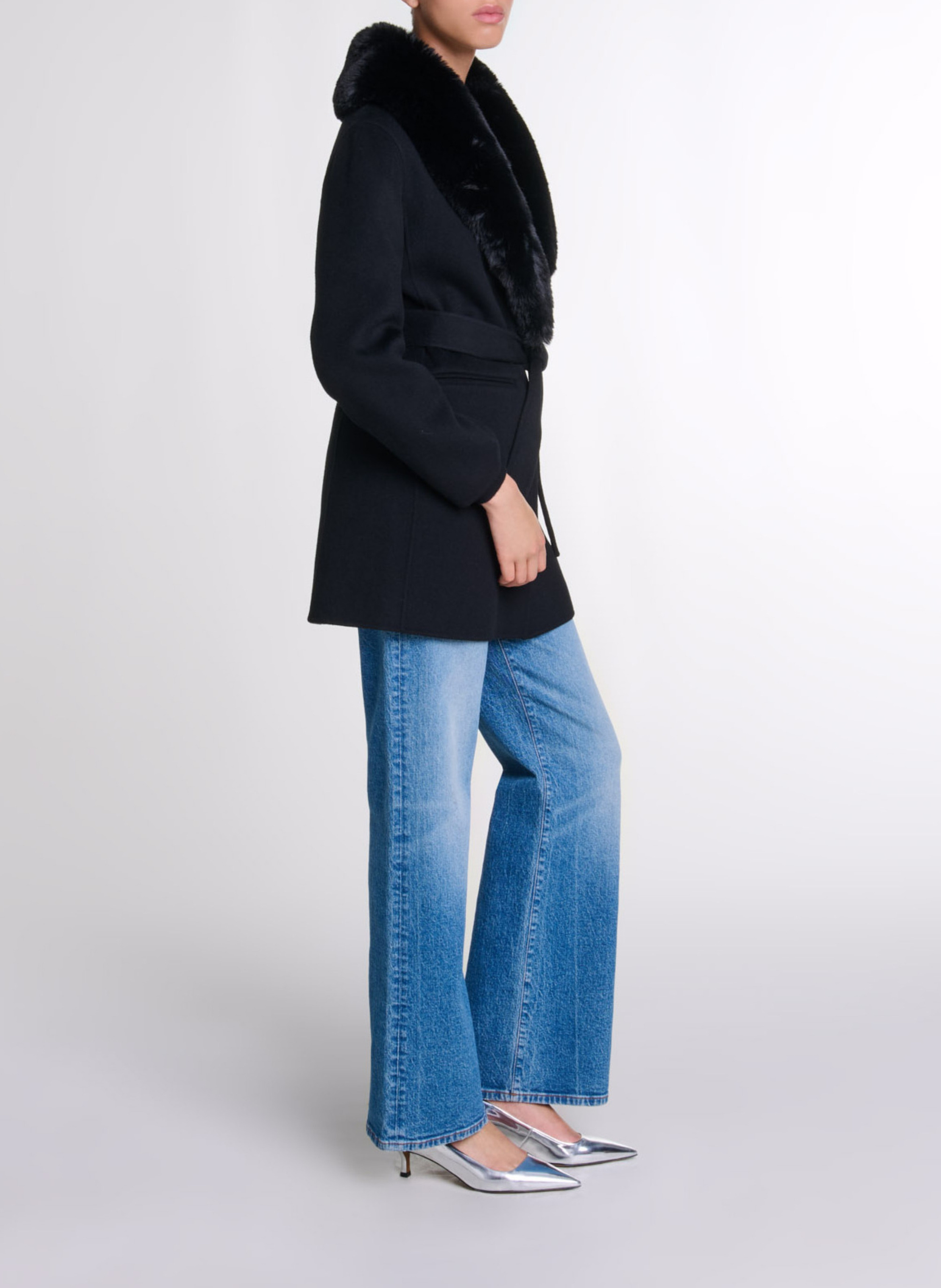 Manteau col effet fourrure en laine mélangée MAJE Noir