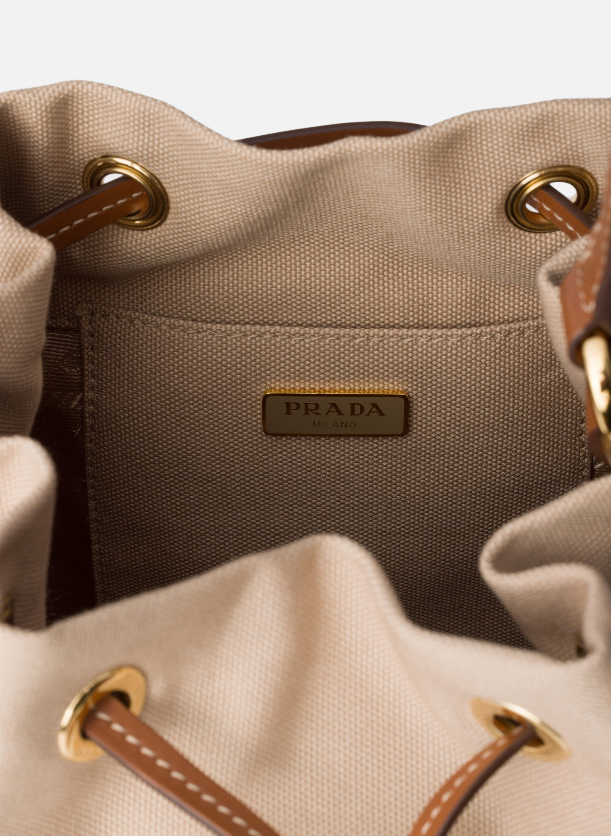 Sac seau en toile et osier PRADA Beige