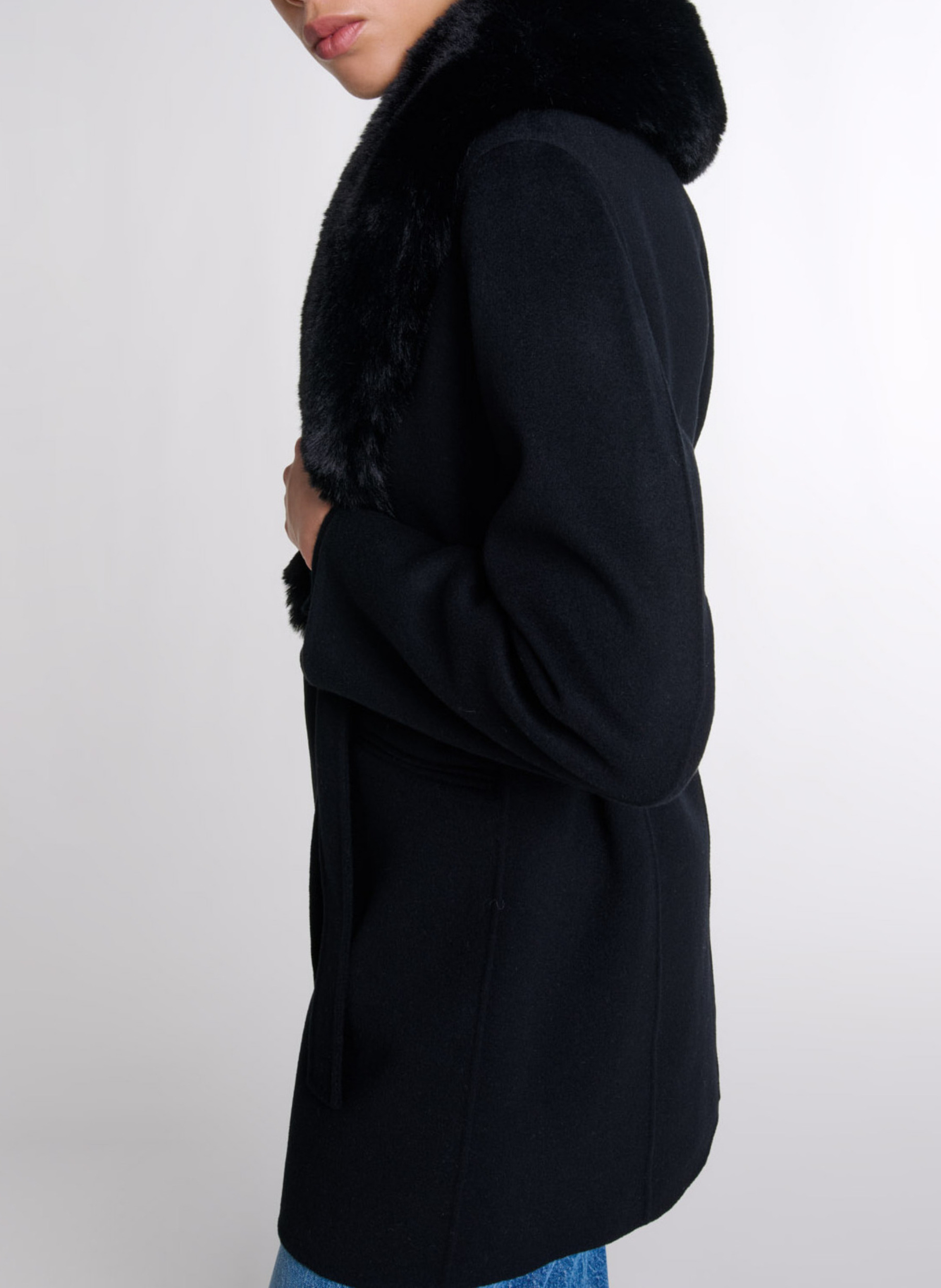 Manteau col effet fourrure en laine mélangée MAJE Noir