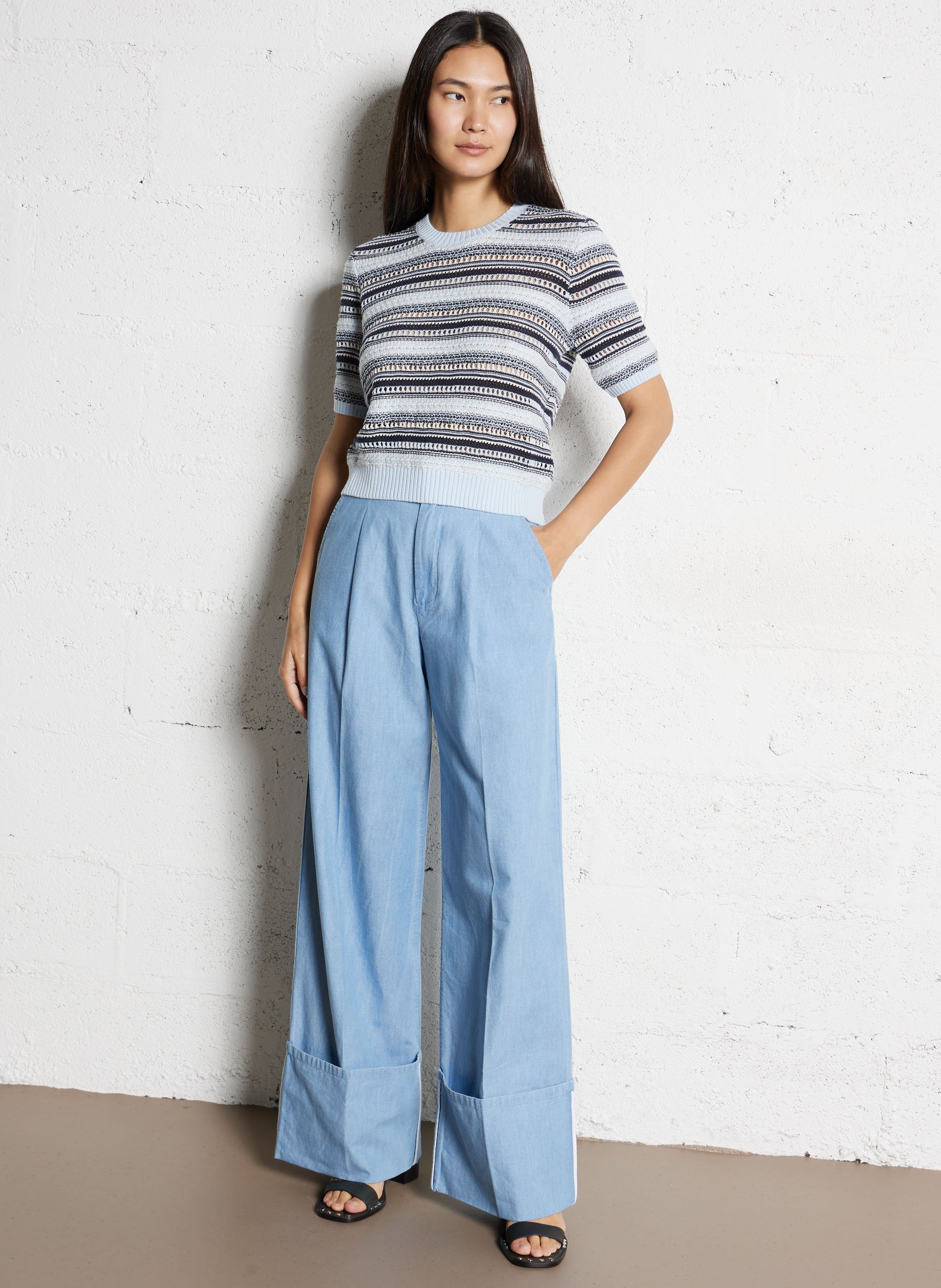 Pantalon large taille haute en coton IKKS Bleu